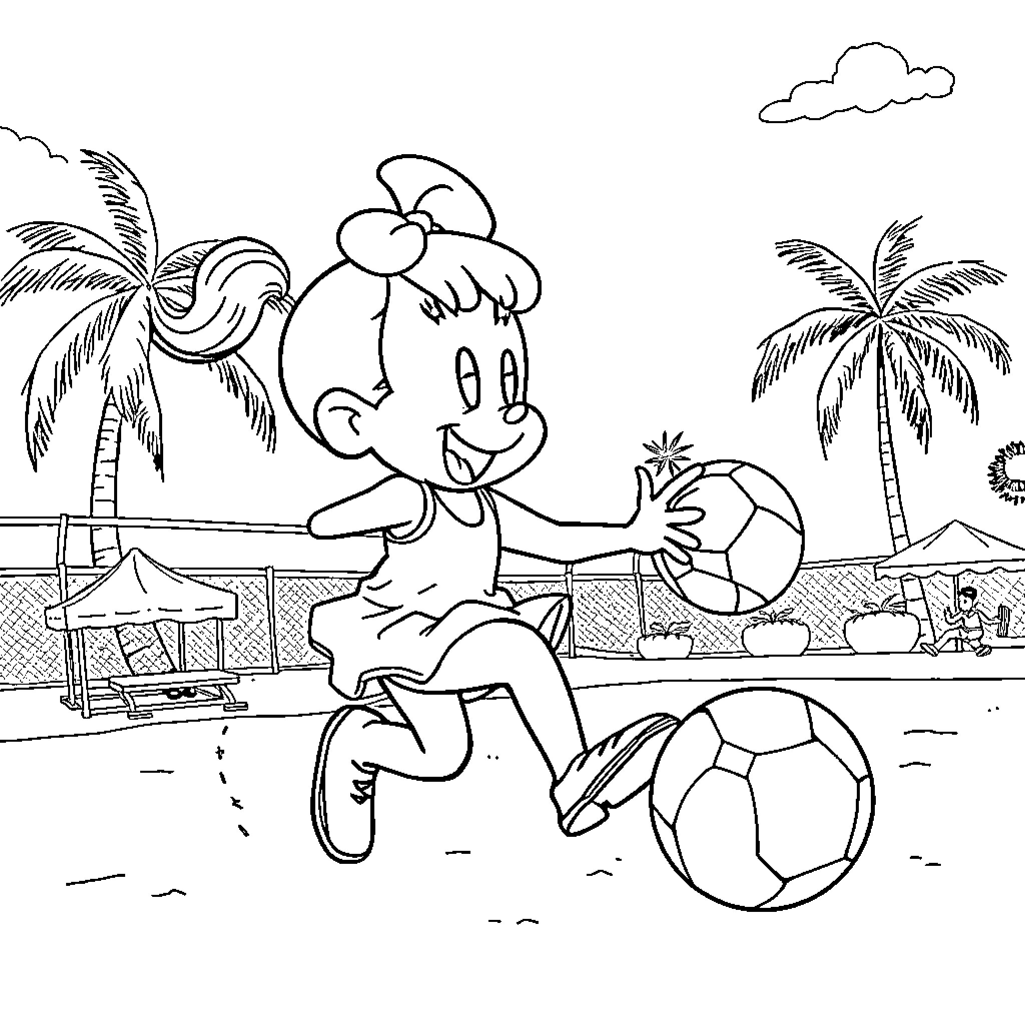 Minie's Playful Beach Adventure Coloring Page (free black-and-white line drawing printable PDF for all, from beginners to advanced learners, including children, teens, adults, and seniors)