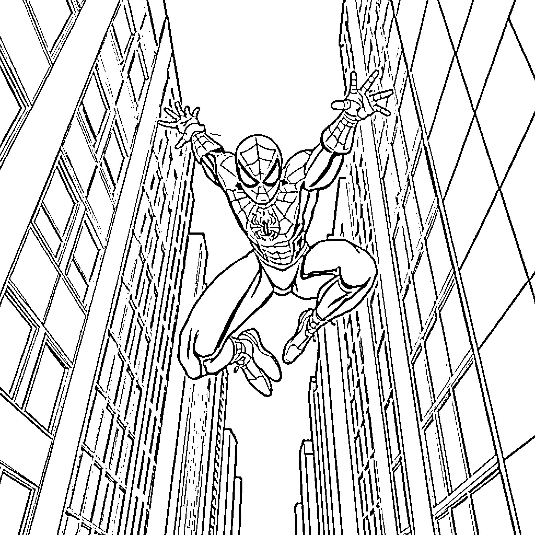 Spiderman swinging through the city streets Coloring Page (free black-and-white line drawing printable PDF for all, from beginners to advanced learners, including children, teens, adults, and seniors)