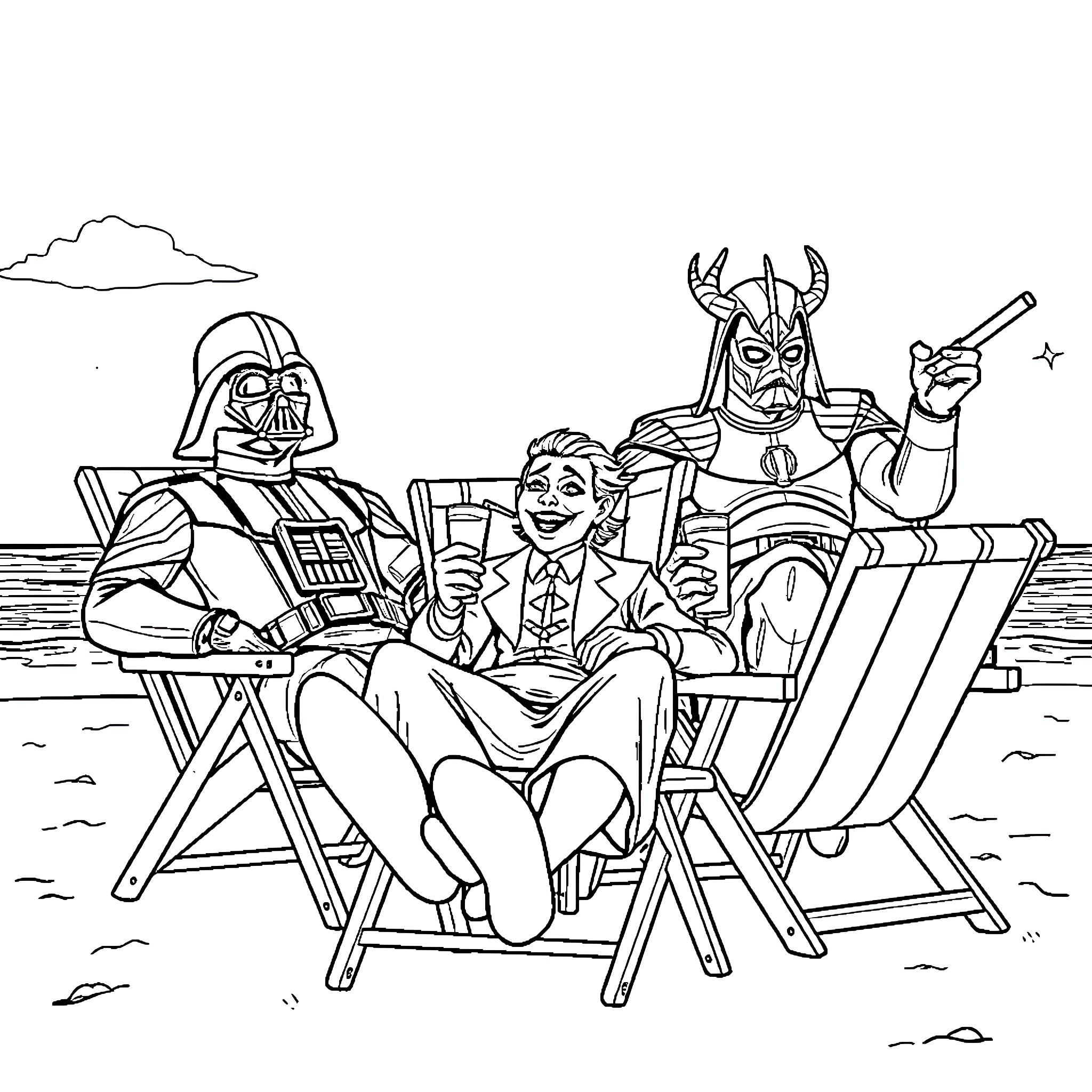 Villain Enjoying a Beach Vacation with Companions Coloring Page (free black-and-white line drawing printable PDF for all, from beginners to advanced learners, including children, teens, adults, and seniors)