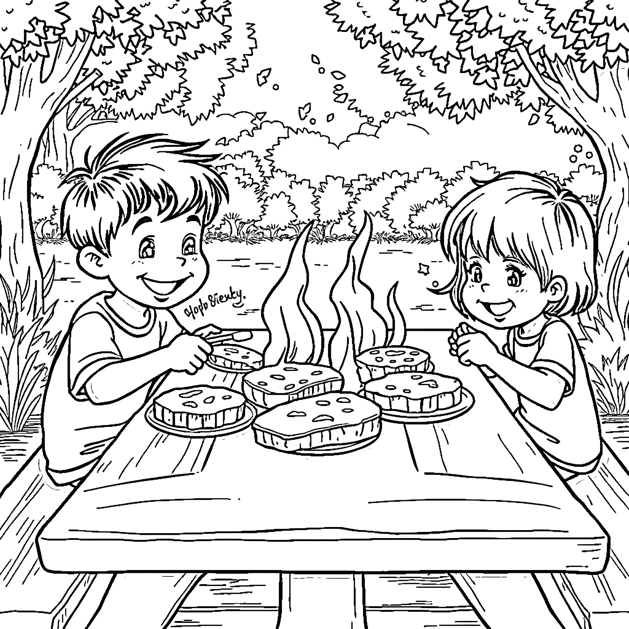 Kid Enjoying Picnic with Friend in Nature Coloring Page (free black-and-white line drawing printable PDF for all, from beginners to advanced learners, including children, teens, adults, and seniors)