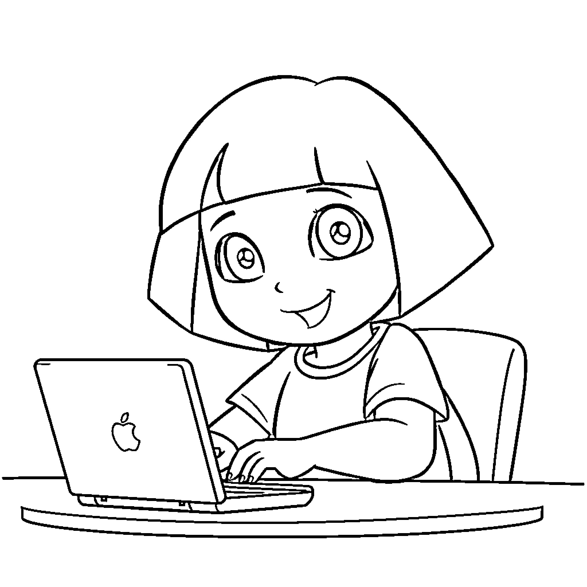 Dora enjoying using her laptop Coloring Page (free black-and-white line drawing printable PDF for all, from beginners to advanced learners, including children, teens, adults, and seniors)