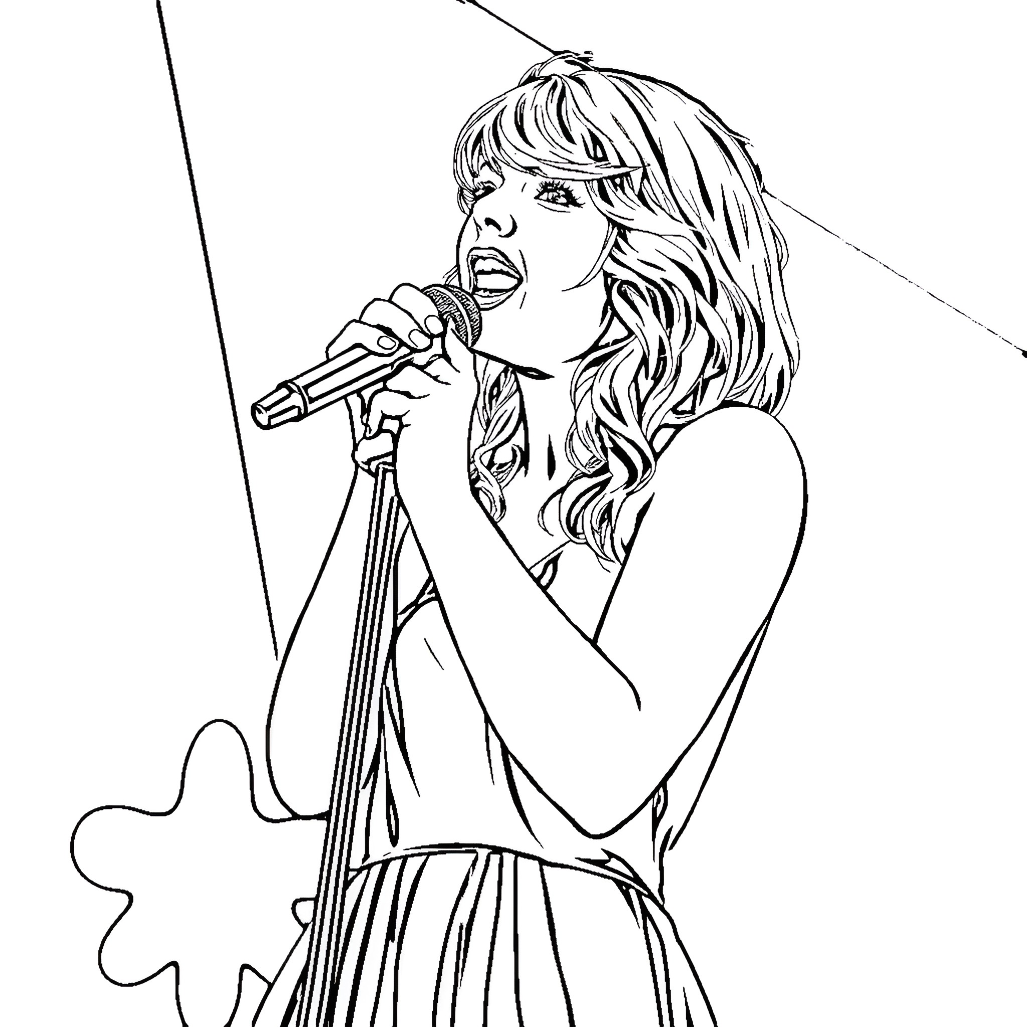 Taylor Swift Performing on Stage Coloring Page (free black-and-white line drawing printable PDF for all, from beginners to advanced learners, including children, teens, adults, and seniors)