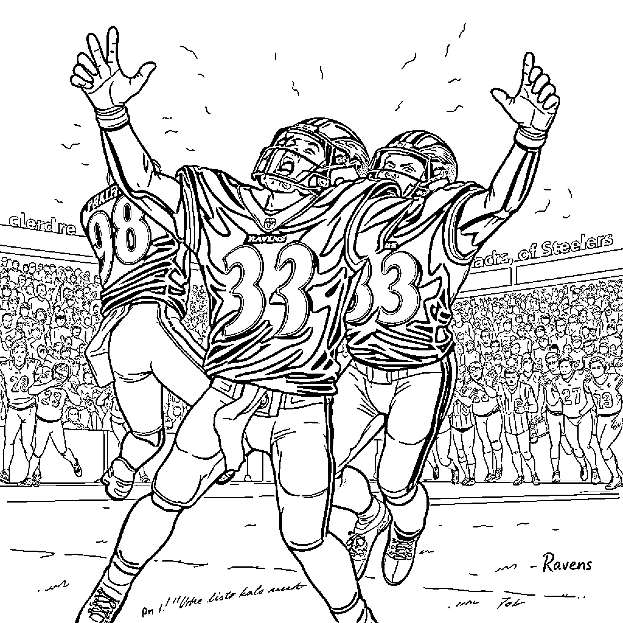 Raven players celebrating victory on the field Coloring Page (free black-and-white line drawing printable PDF for all, from beginners to advanced learners, including children, teens, adults, and seniors)