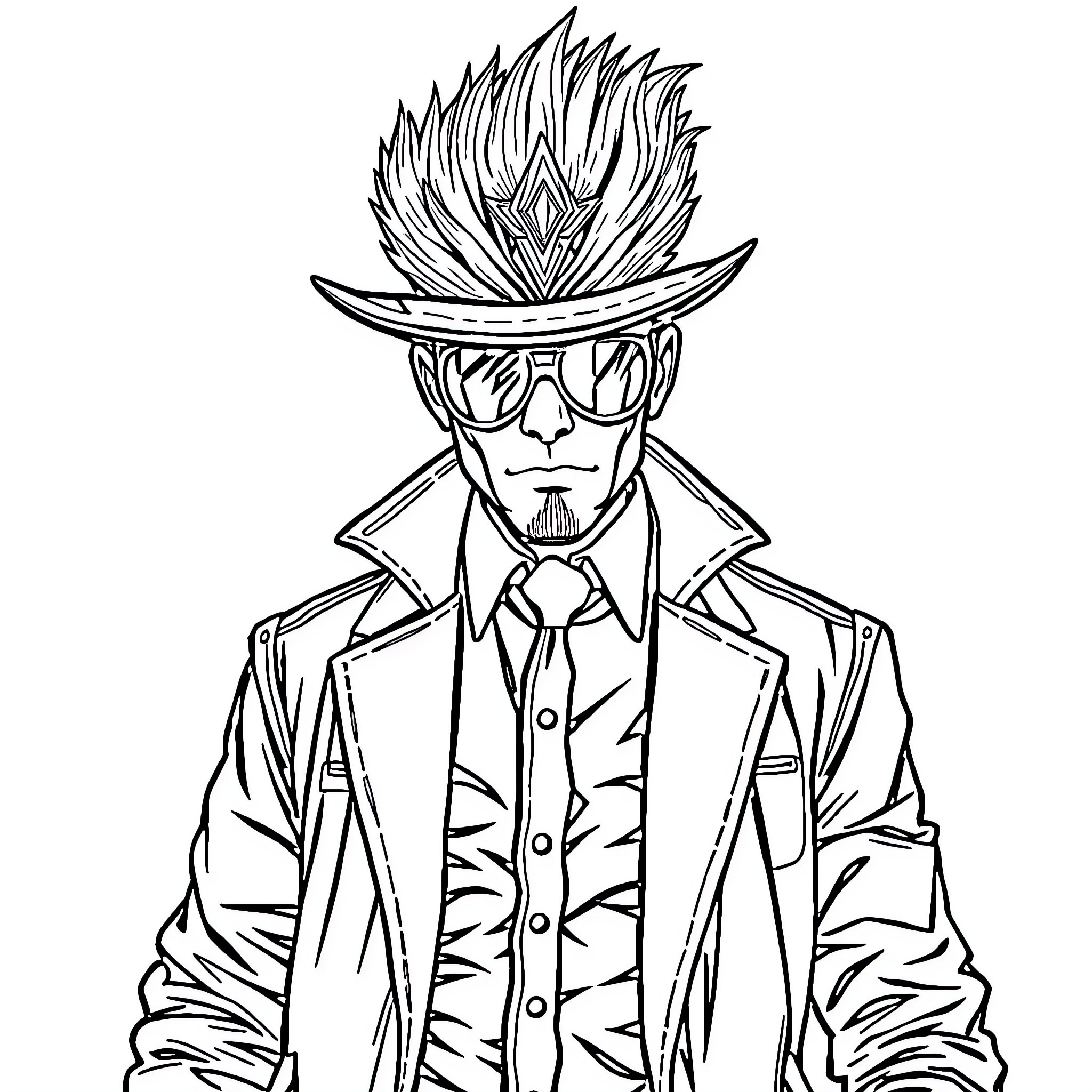 Criminal with wild hair and stylish glasses Coloring Page (free black-and-white line drawing printable PDF for all, from beginners to advanced learners, including children, teens, adults, and seniors)