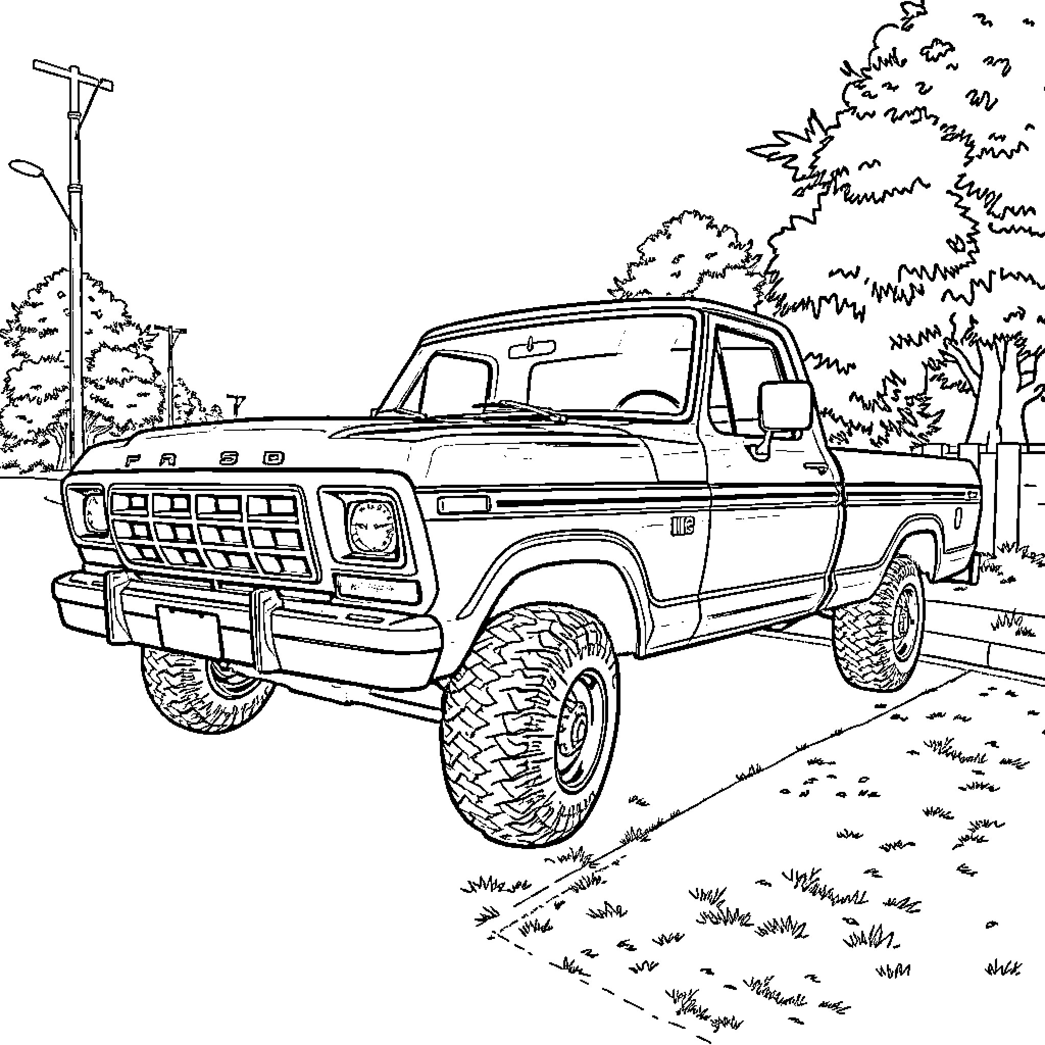 F250 truck traversing rugged terrain in the wilderness Coloring Page (free black-and-white line drawing printable PDF for all, from beginners to advanced learners, including children, teens, adults, and seniors)