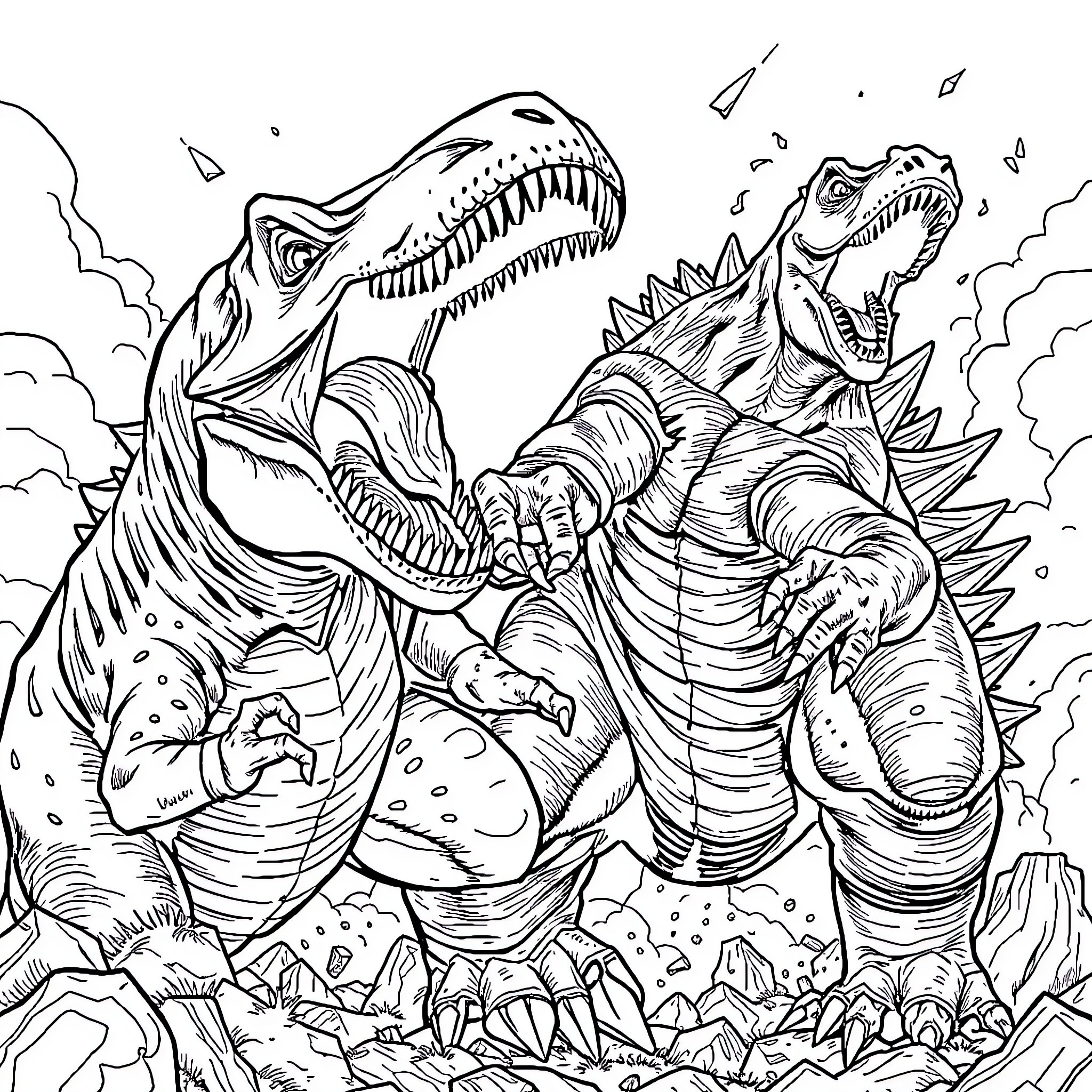 T-Rex Dinosaurs Roaring Fiercely in the Wilderness Coloring Page (free black-and-white line drawing printable PDF for all, from beginners to advanced learners, including children, teens, adults, and seniors)