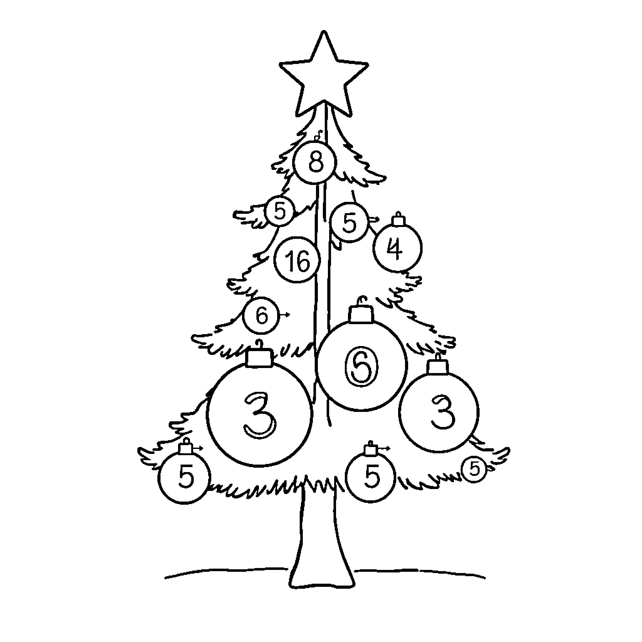 Christmas Tree with Numbered Ornaments Coloring Page (free black-and-white line drawing printable PDF for all, from beginners to advanced learners, including children, teens, adults, and seniors)