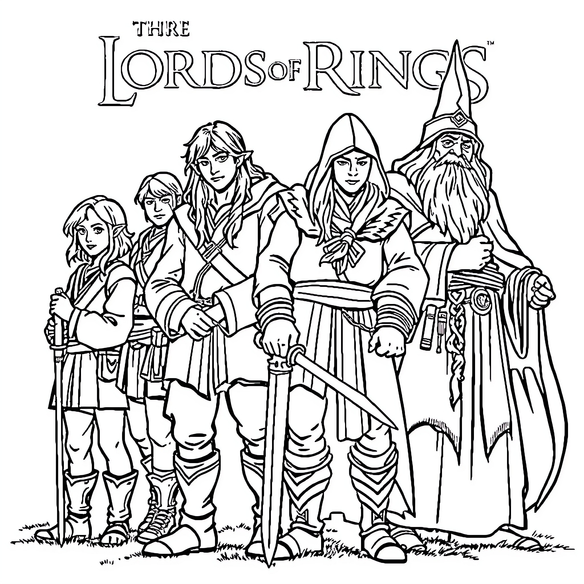 Lord of the Rings: Fellowship of the Rings Coloring Page (free black-and-white line drawing printable PDF for all, from beginners to advanced learners, including children, teens, adults, and seniors)