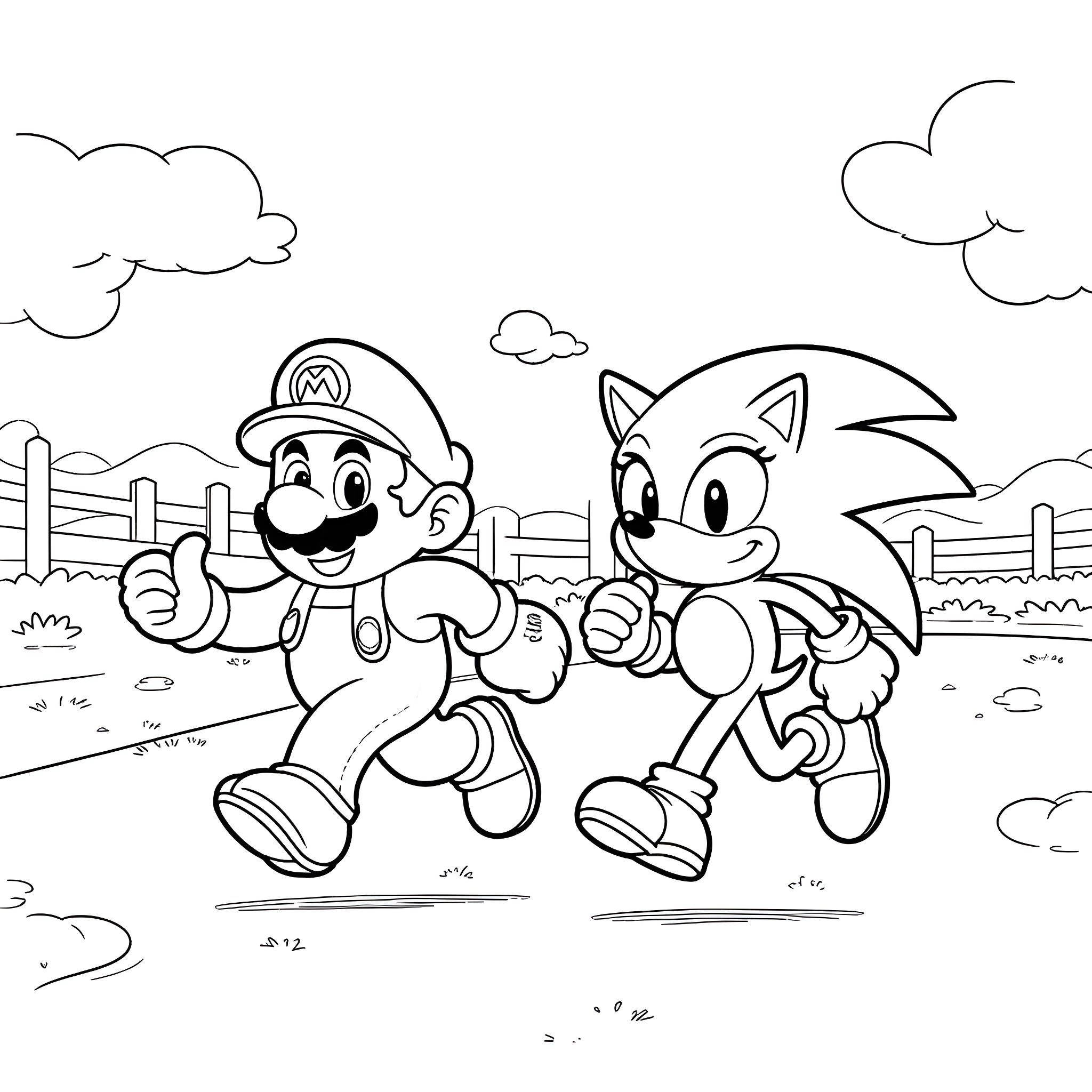 Mario and Sonic racing through the countryside Coloring Page (free black-and-white line drawing printable PDF for all, from beginners to advanced learners, including children, teens, adults, and seniors)