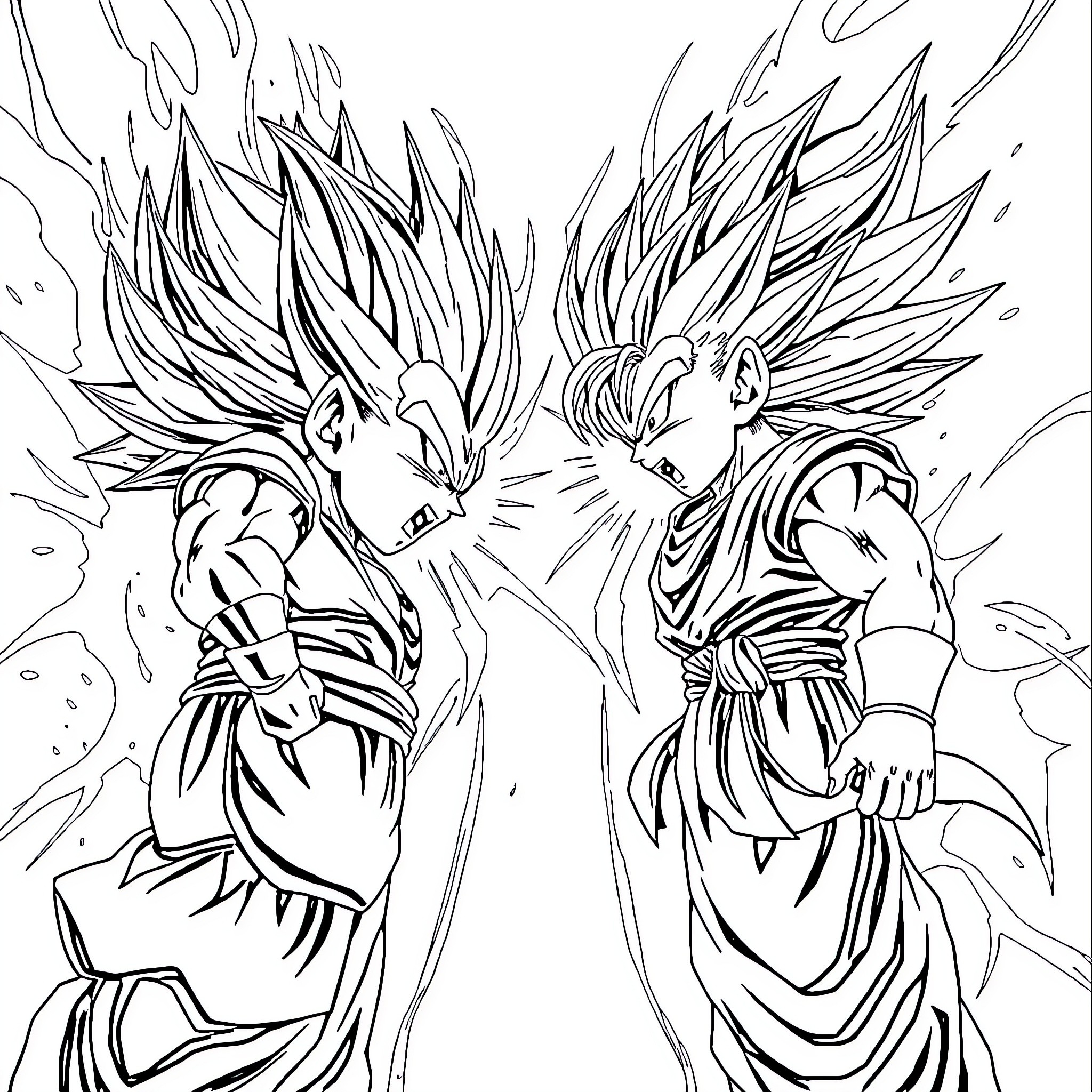Vegeta's Intense Battle with a Formidable Opponent Coloring Page (free black-and-white line drawing printable PDF for all, from beginners to advanced learners, including children, teens, adults, and seniors)