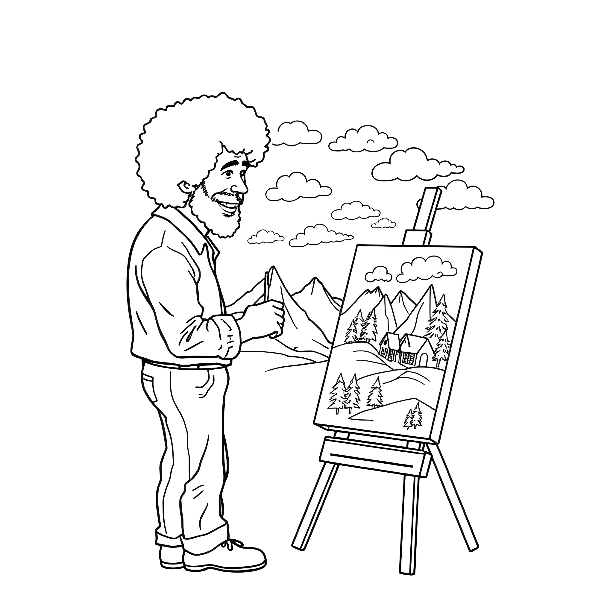 Bob Ross painting a mountain landscape Coloring Page (free black-and-white line drawing printable PDF for all, from beginners to advanced learners, including children, teens, adults, and seniors)
