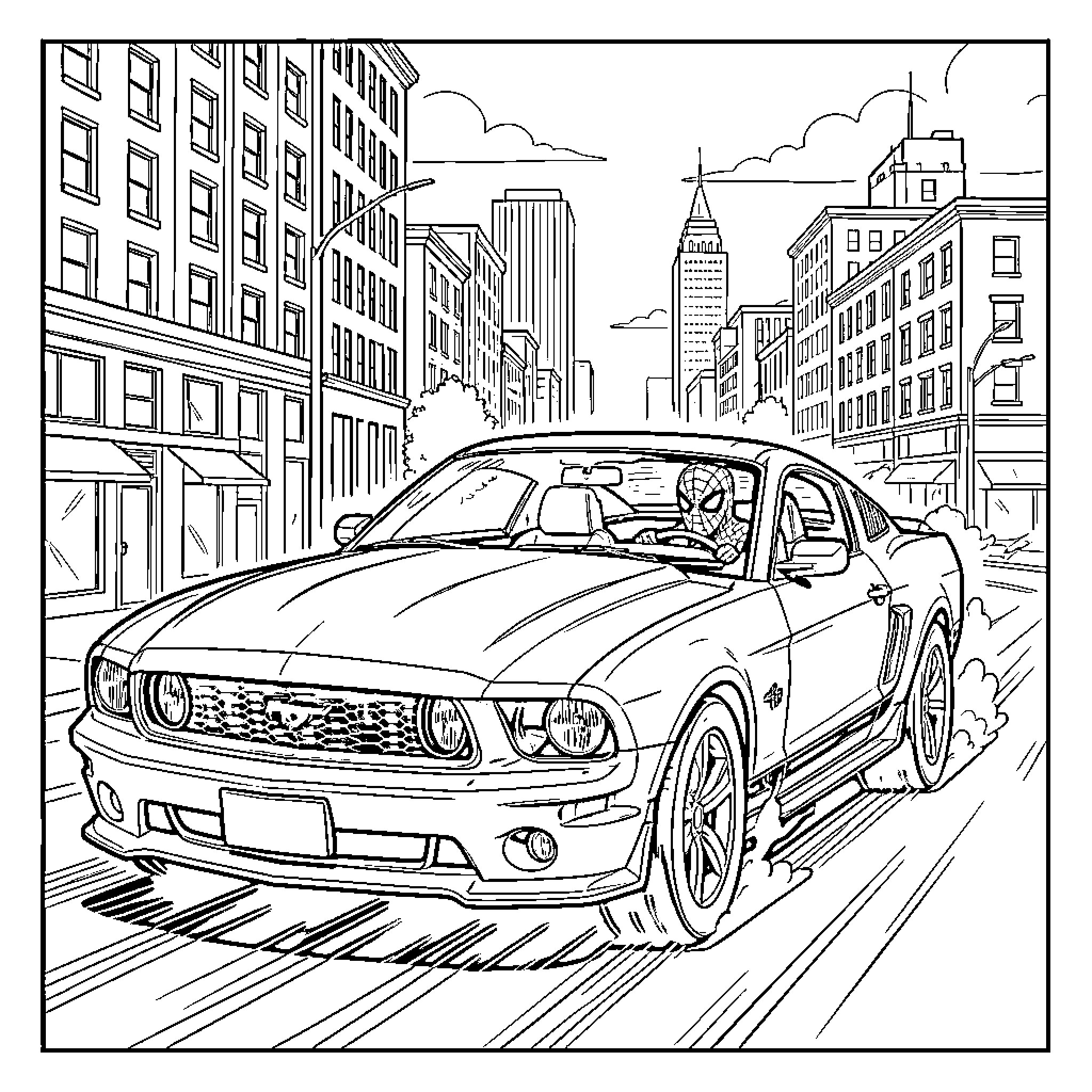 Spiderman driving a fast car through city streets Coloring Page (free black-and-white line drawing printable PDF for all, from beginners to advanced learners, including children, teens, adults, and seniors)