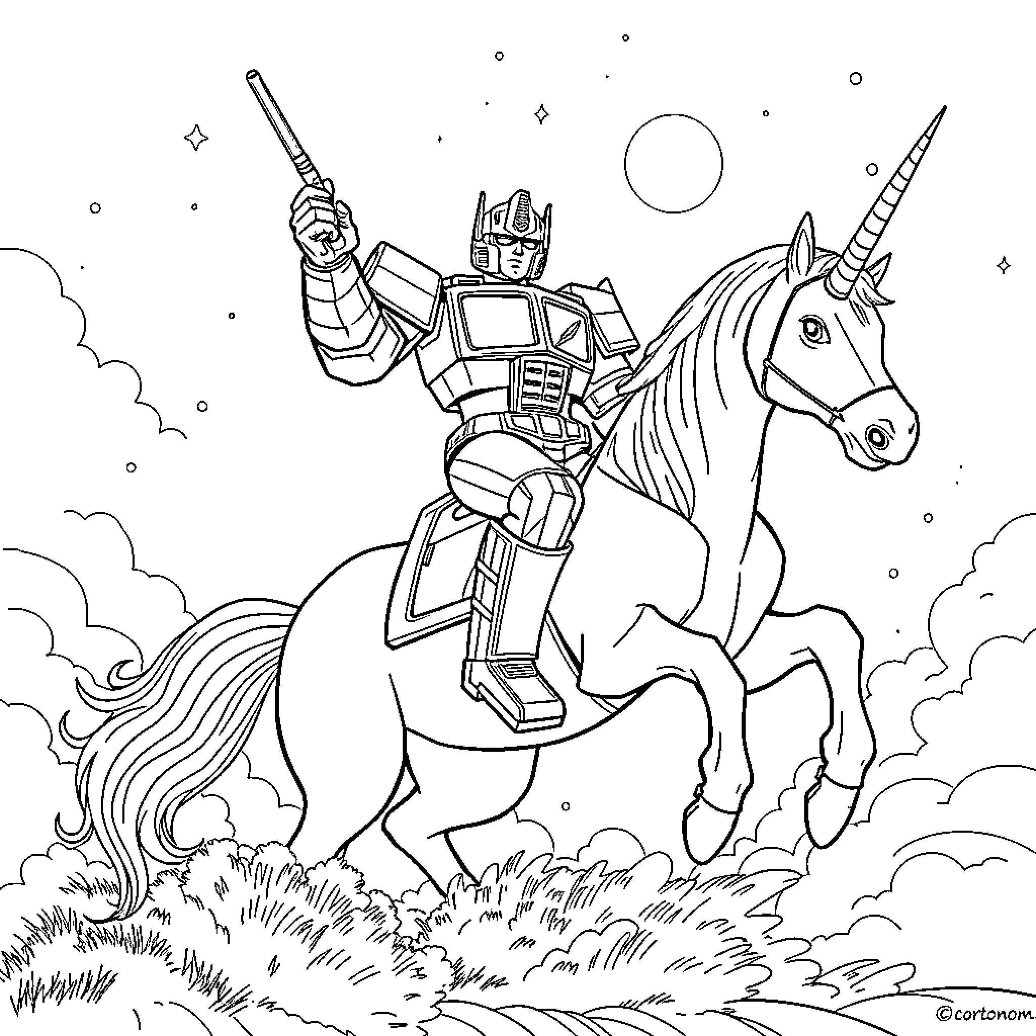 Optimus Prime riding a unicorn through the cosmos Coloring Page (free black-and-white line drawing printable PDF for all, from beginners to advanced learners, including children, teens, adults, and seniors)