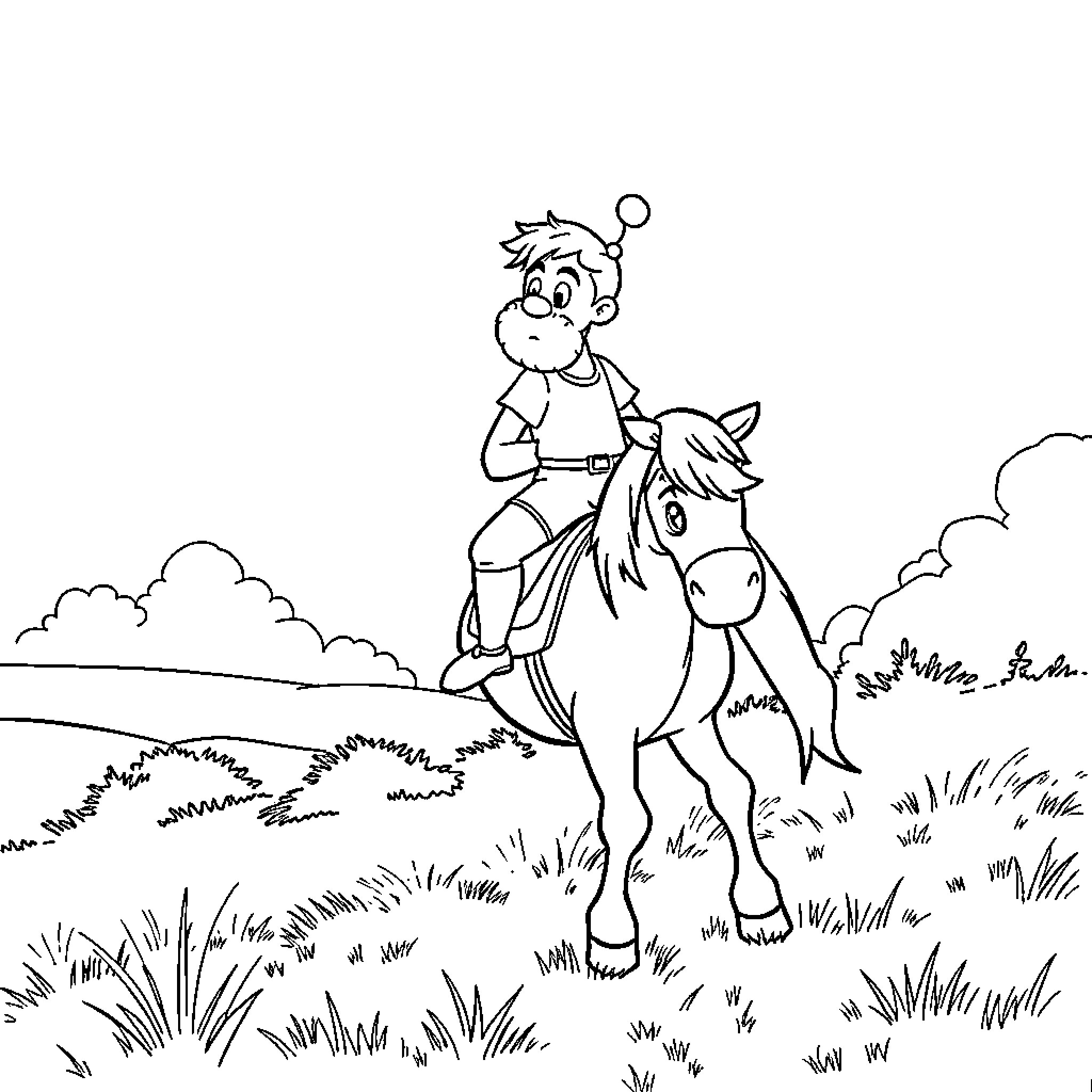 Asterix riding on a horse in the countryside Coloring Page (free black-and-white line drawing printable PDF for all, from beginners to advanced learners, including children, teens, adults, and seniors)