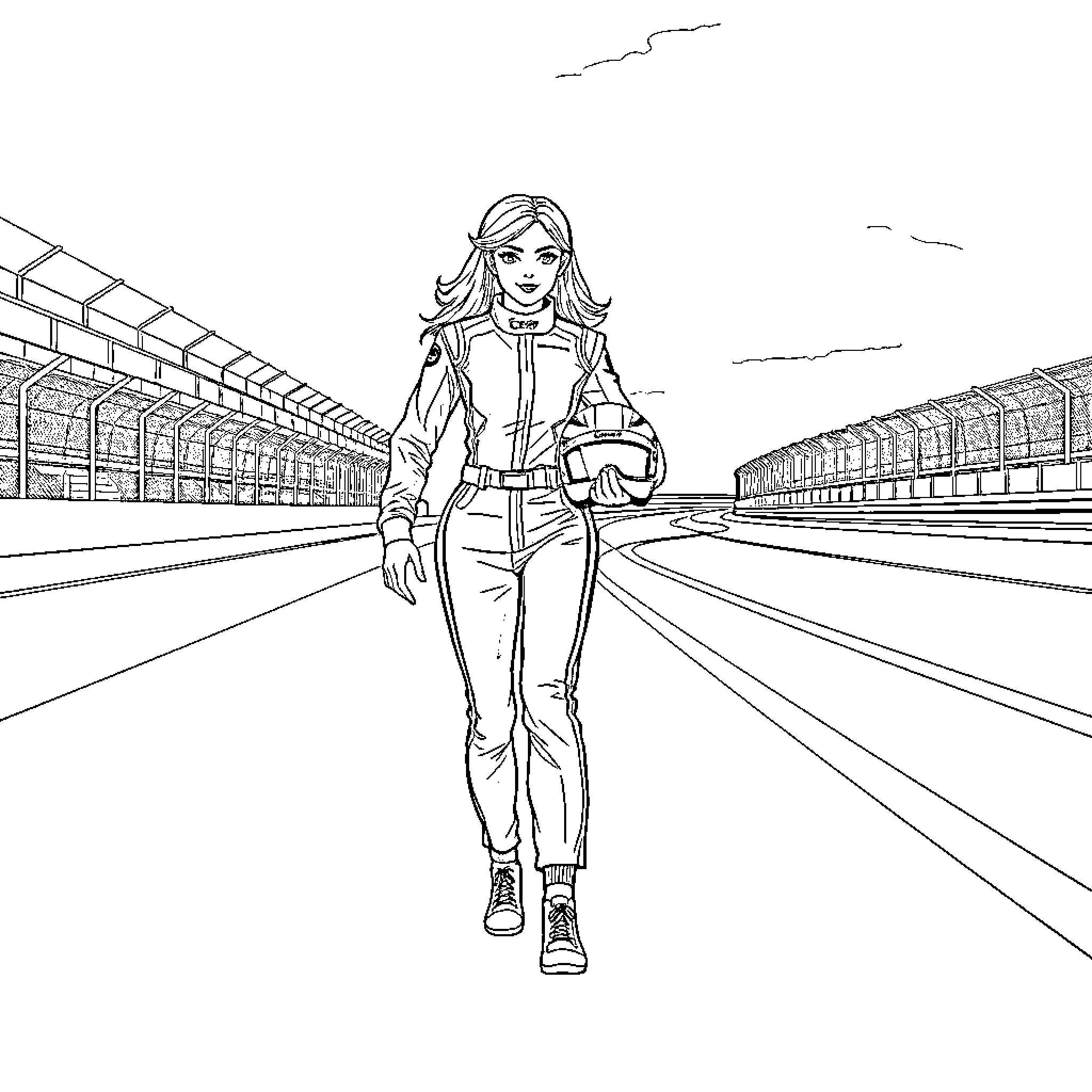 Racing Girl Ready for the Track Coloring Page (free black-and-white line drawing printable PDF for all, from beginners to advanced learners, including children, teens, adults, and seniors)