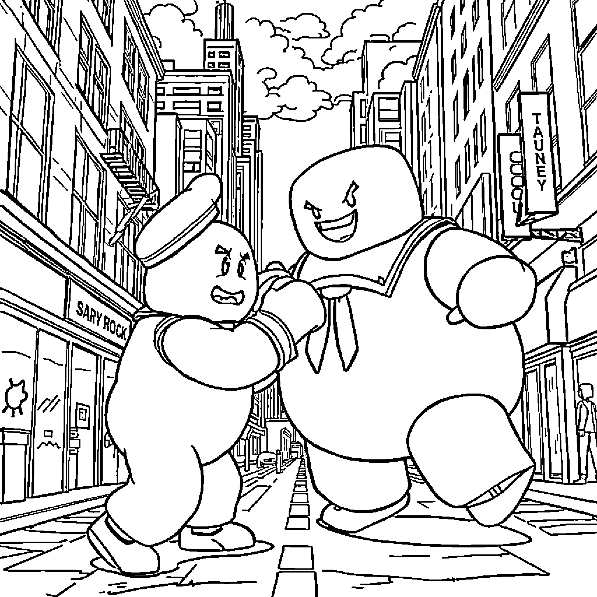 Sully's Comical Adventures in the City Coloring Page (free black-and-white line drawing printable PDF for all, from beginners to advanced learners, including children, teens, adults, and seniors)