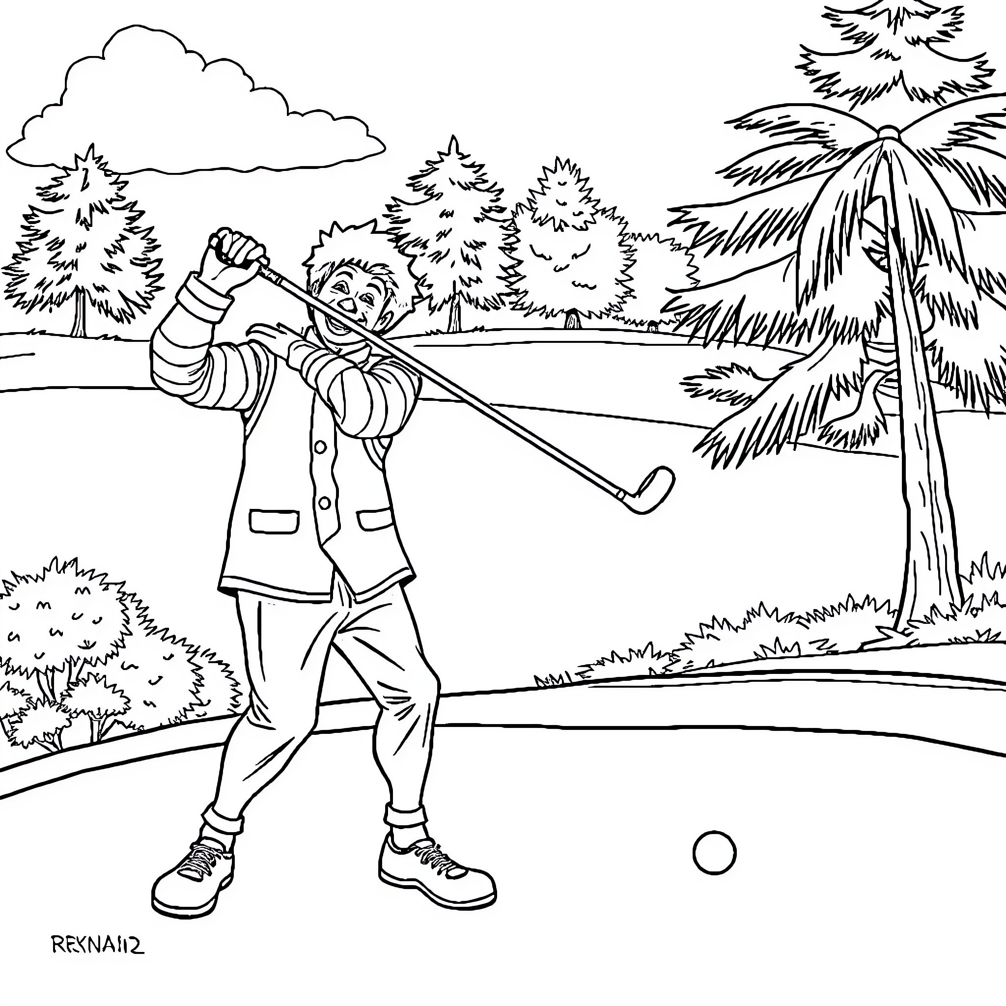 Ronald McDonald playing golf in a lush park Coloring Page (free black-and-white line drawing printable PDF for all, from beginners to advanced learners, including children, teens, adults, and seniors)