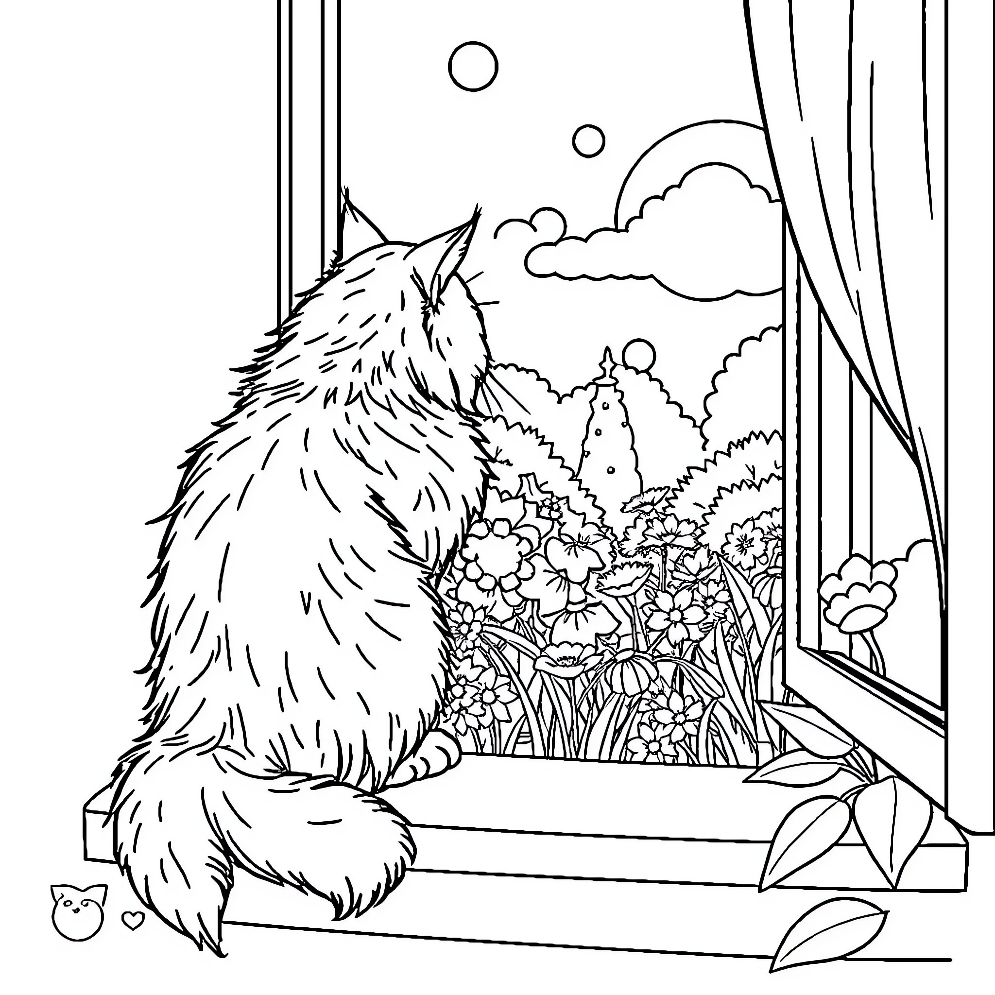 Cat gazing out the window at nature Coloring Page (free black-and-white line drawing printable PDF for all, from beginners to advanced learners, including children, teens, adults, and seniors)