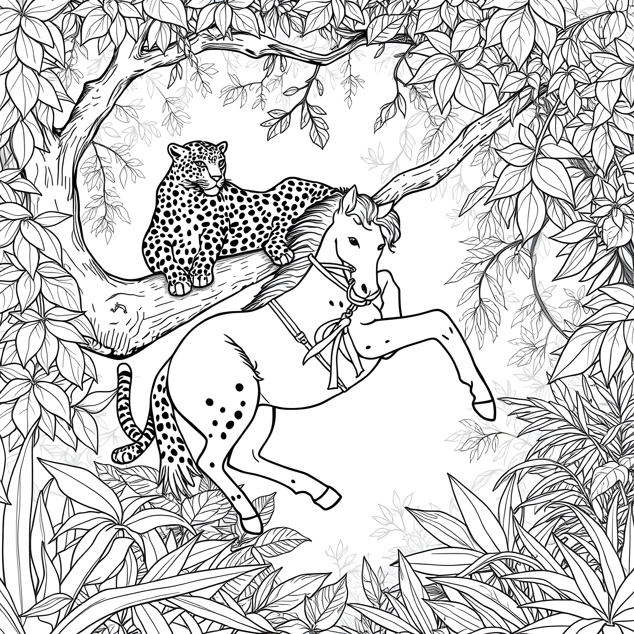 Leopard and Unicorn in Enchanted Forest Coloring Page (free black-and-white line drawing printable PDF for all, from beginners to advanced learners, including children, teens, adults, and seniors)