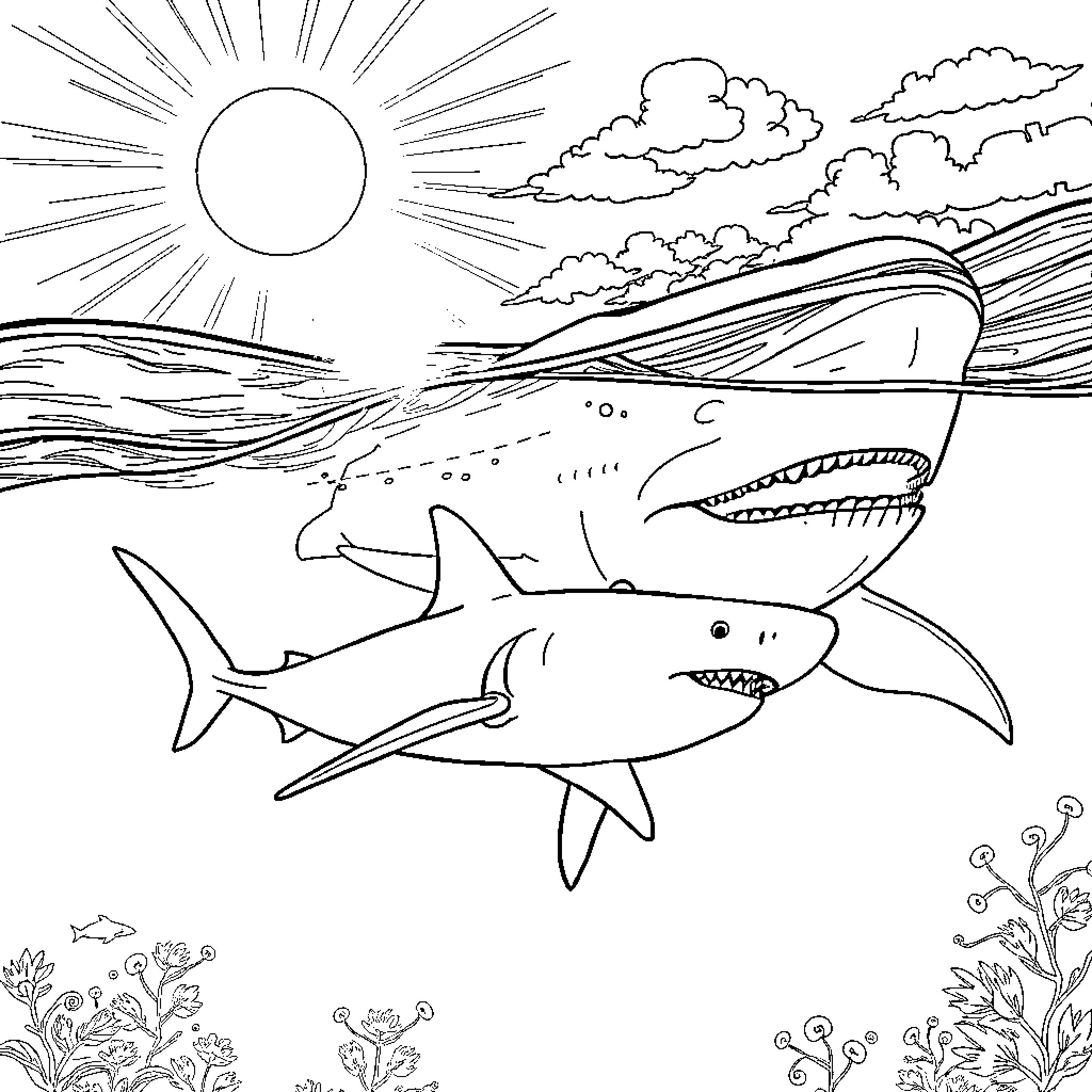 Shark swimming powerfully in the ocean Coloring Page (free black-and-white line drawing printable PDF for all, from beginners to advanced learners, including children, teens, adults, and seniors)