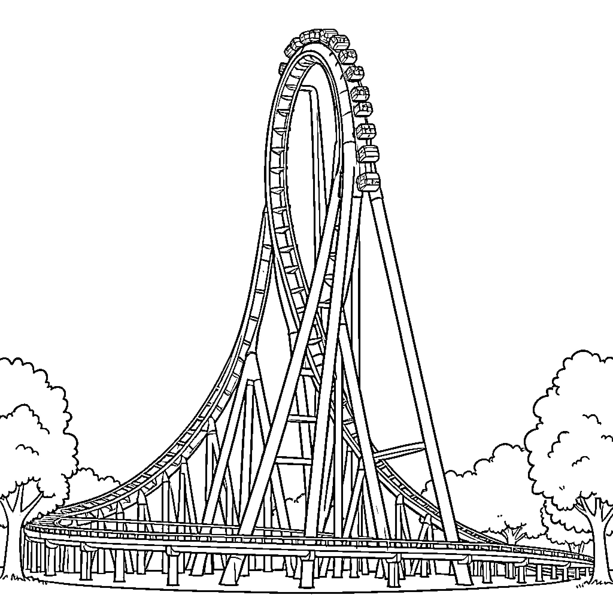 Kingda Ka - Thrilling Roller Coaster Adventure Coloring Page (free black-and-white line drawing printable PDF for all, from beginners to advanced learners, including children, teens, adults, and seniors)