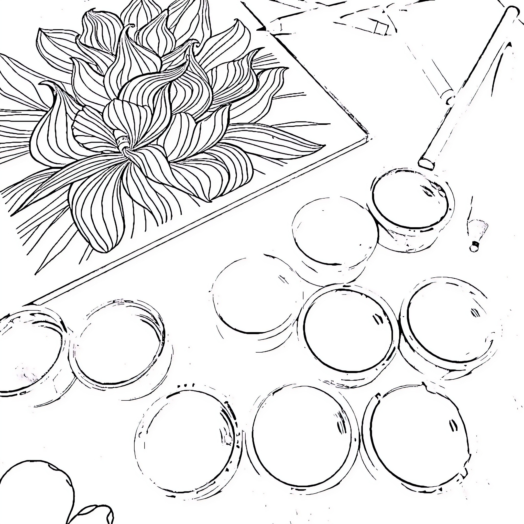 Paint Flowers and Artistic Circles Coloring Page (free black-and-white line drawing printable PDF for all, from beginners to advanced learners, including children, teens, adults, and seniors)