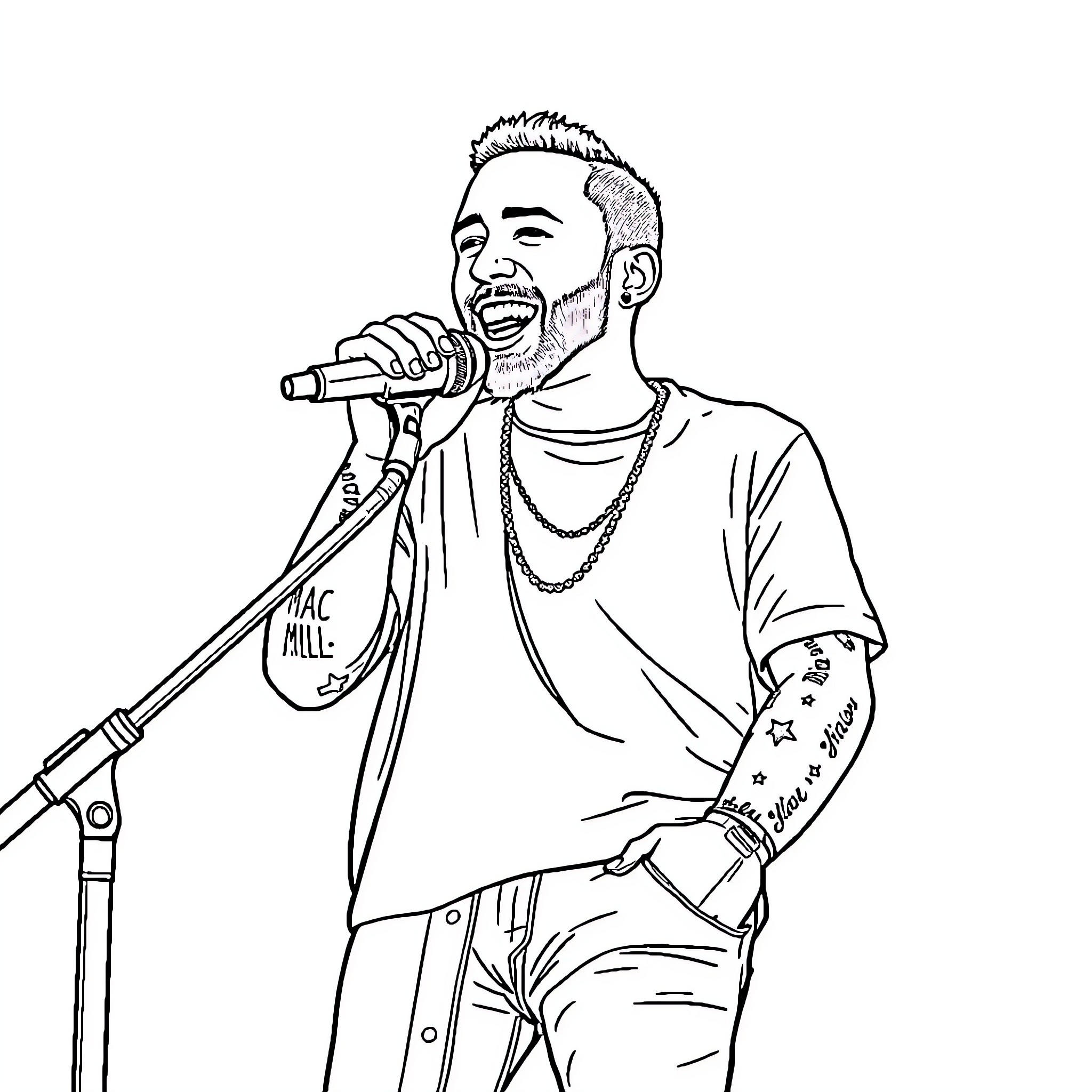 Mac Miller Performing on Stage with Microphone Coloring Page (free black-and-white line drawing printable PDF for all, from beginners to advanced learners, including children, teens, adults, and seniors)