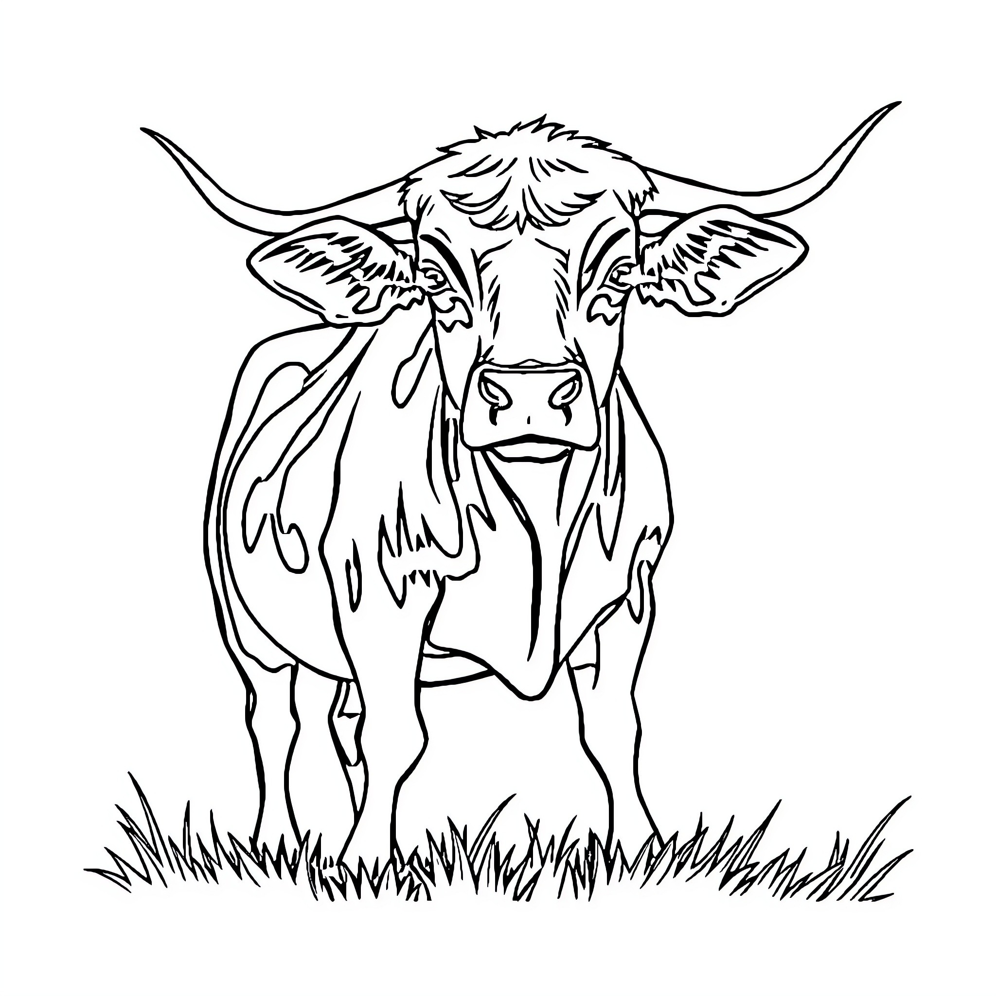 Cow standing in the field Coloring Page (free black-and-white line drawing printable PDF for all, from beginners to advanced learners, including children, teens, adults, and seniors)