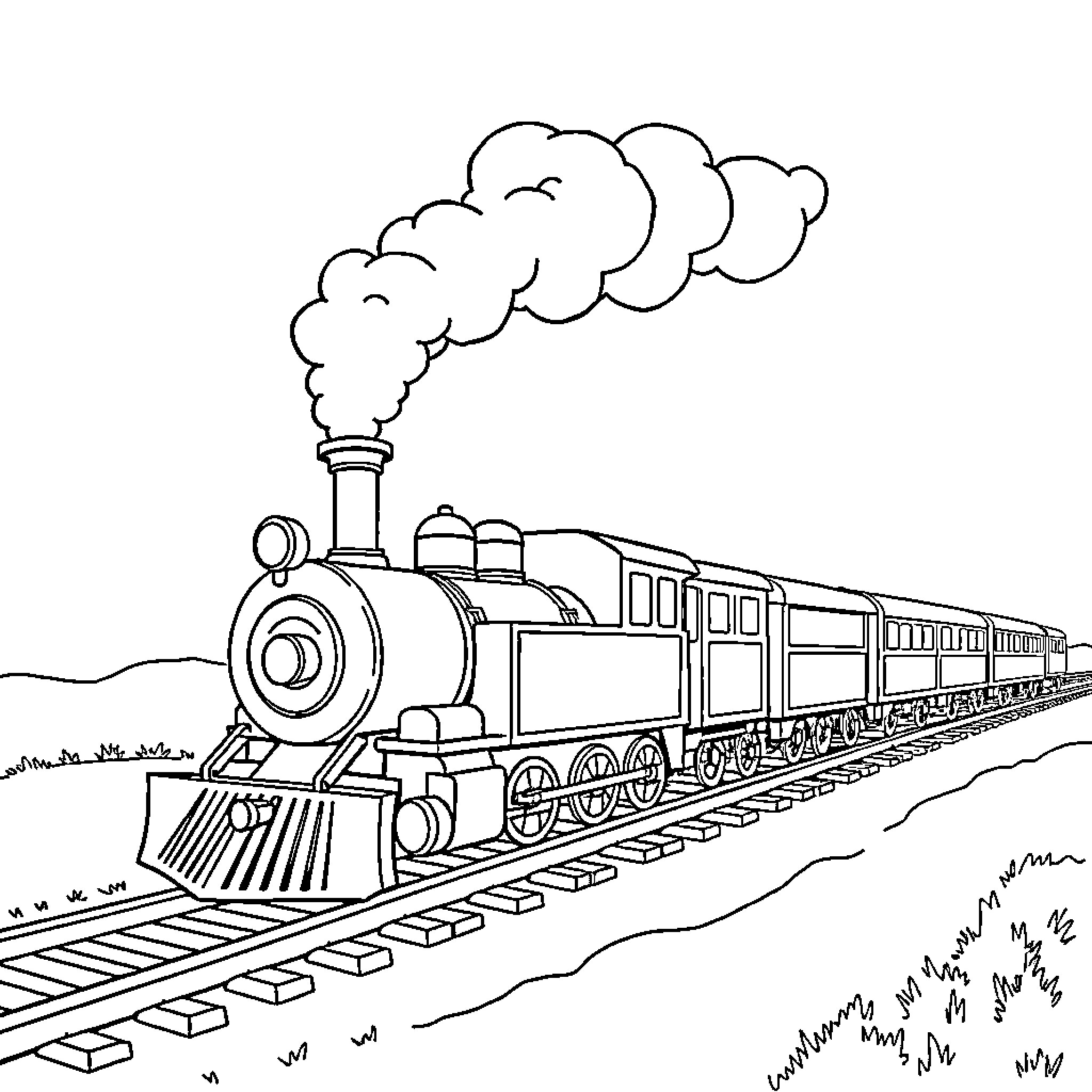 Steam Train Traveling Along the Tracks Coloring Page (free black-and-white line drawing printable PDF for all, from beginners to advanced learners, including children, teens, adults, and seniors)