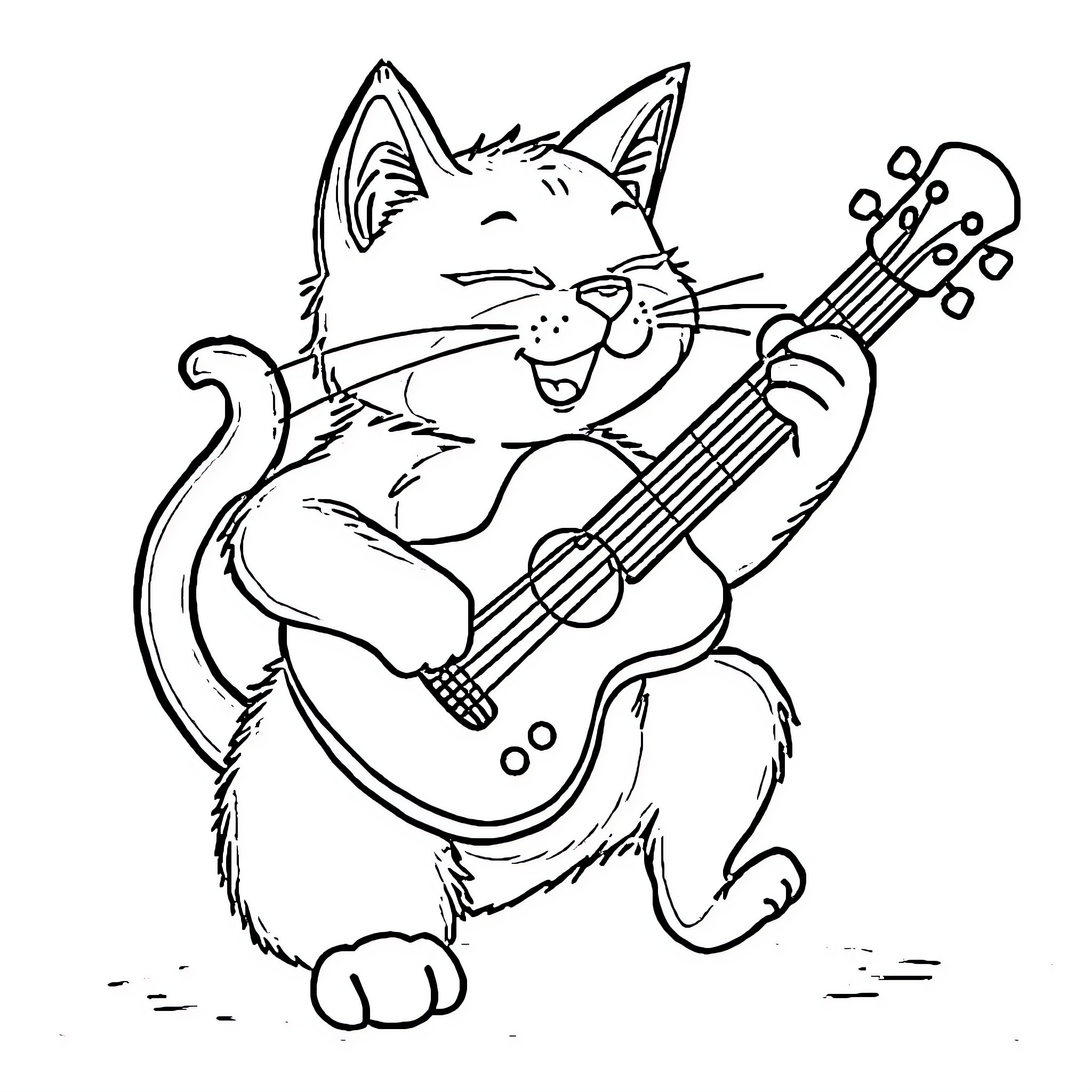 Cat playing guitar happily Coloring Page (free black-and-white line drawing printable PDF for all, from beginners to advanced learners, including children, teens, adults, and seniors)
