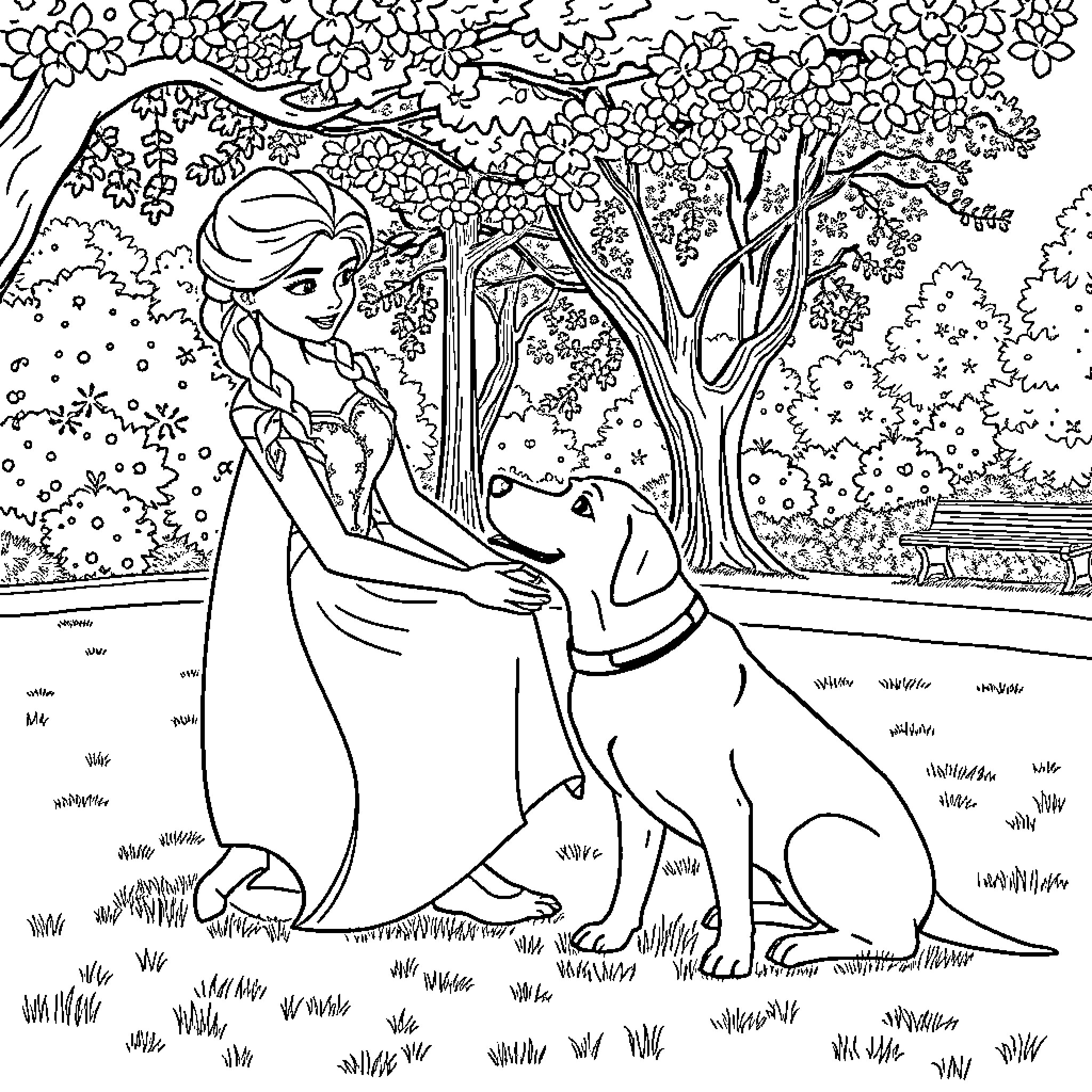 Elsa playing affectionately with her pet dog in the forest Coloring Page (free black-and-white line drawing printable PDF for all, from beginners to advanced learners, including children, teens, adults, and seniors)