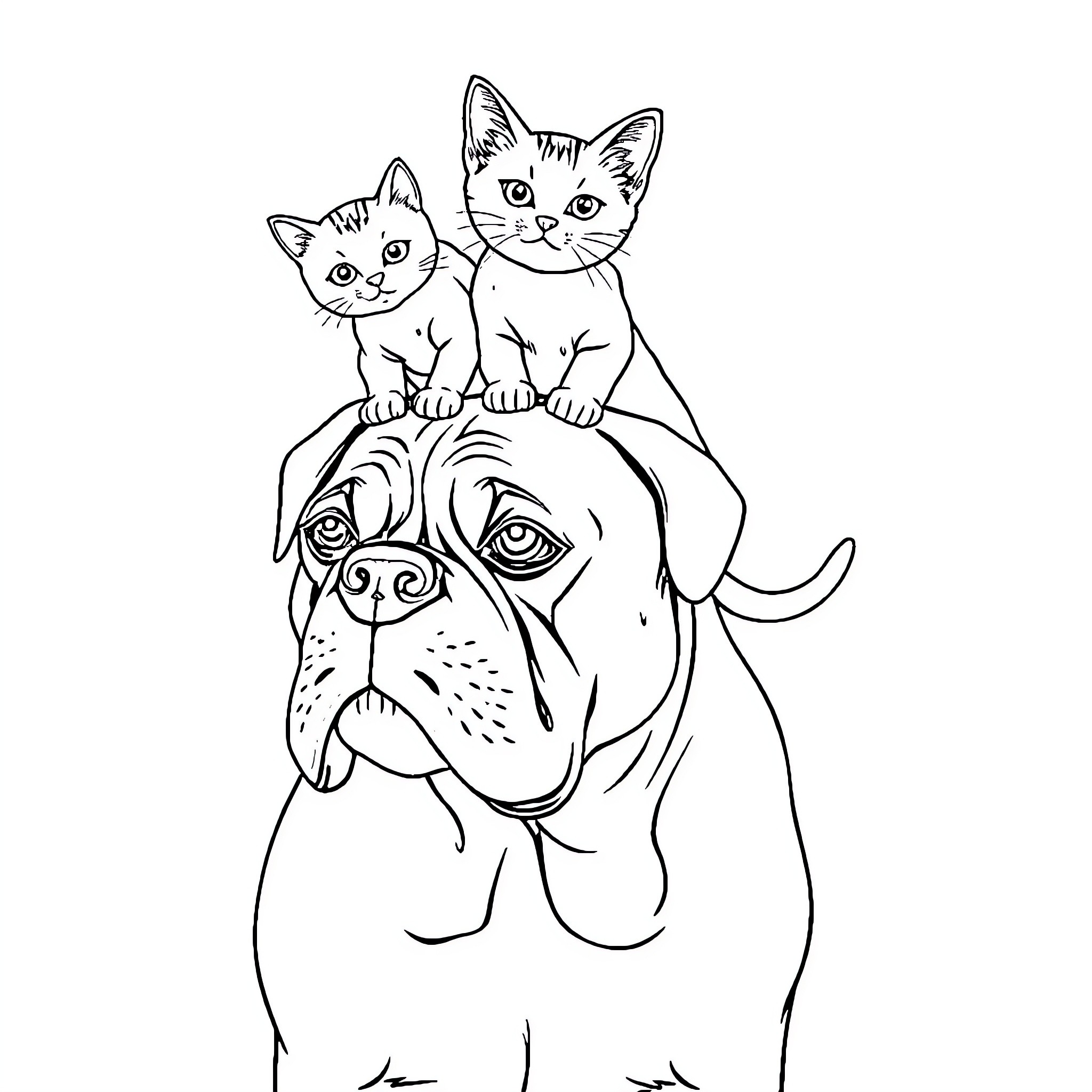Cat Companions Perched on Dog's Head Coloring Page (free black-and-white line drawing printable PDF for all, from beginners to advanced learners, including children, teens, adults, and seniors)