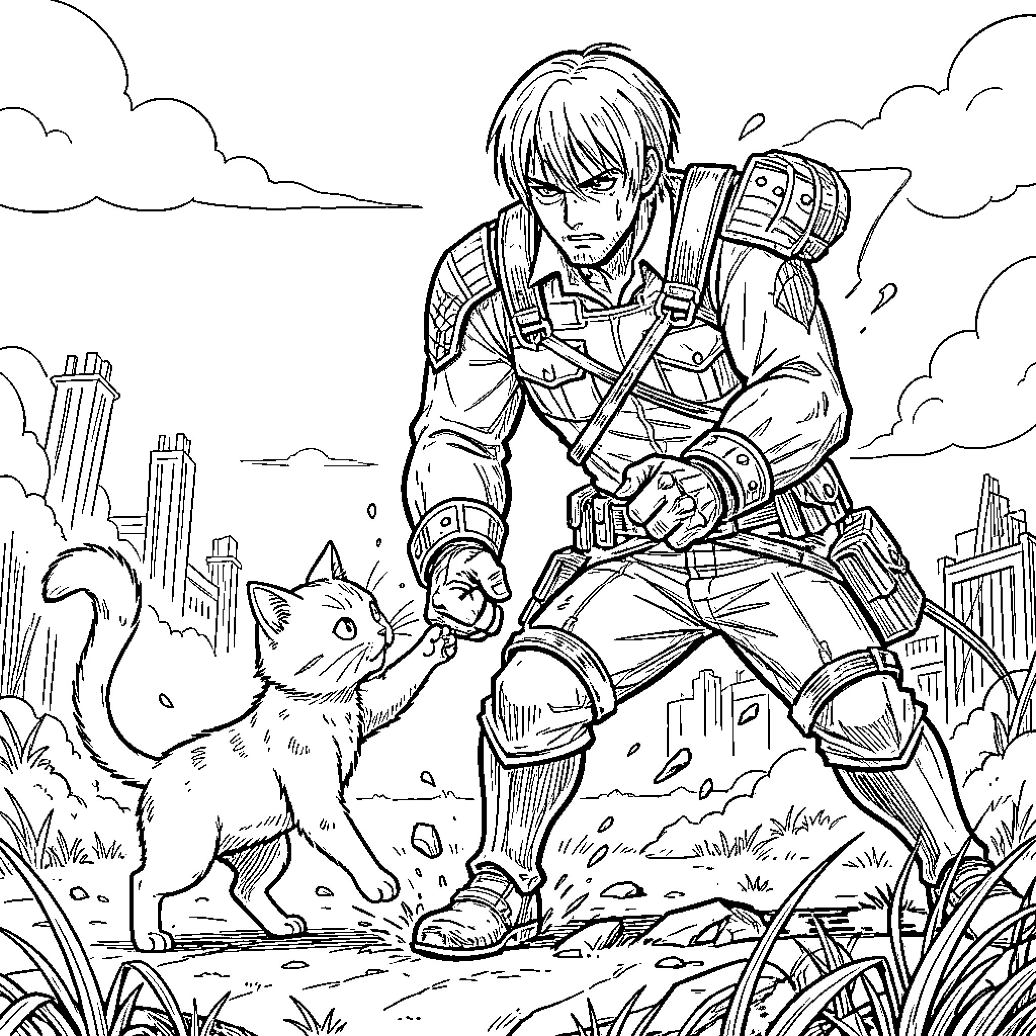 Cat and soldier in the city Coloring Page (free black-and-white line drawing printable PDF for all, from beginners to advanced learners, including children, teens, adults, and seniors)