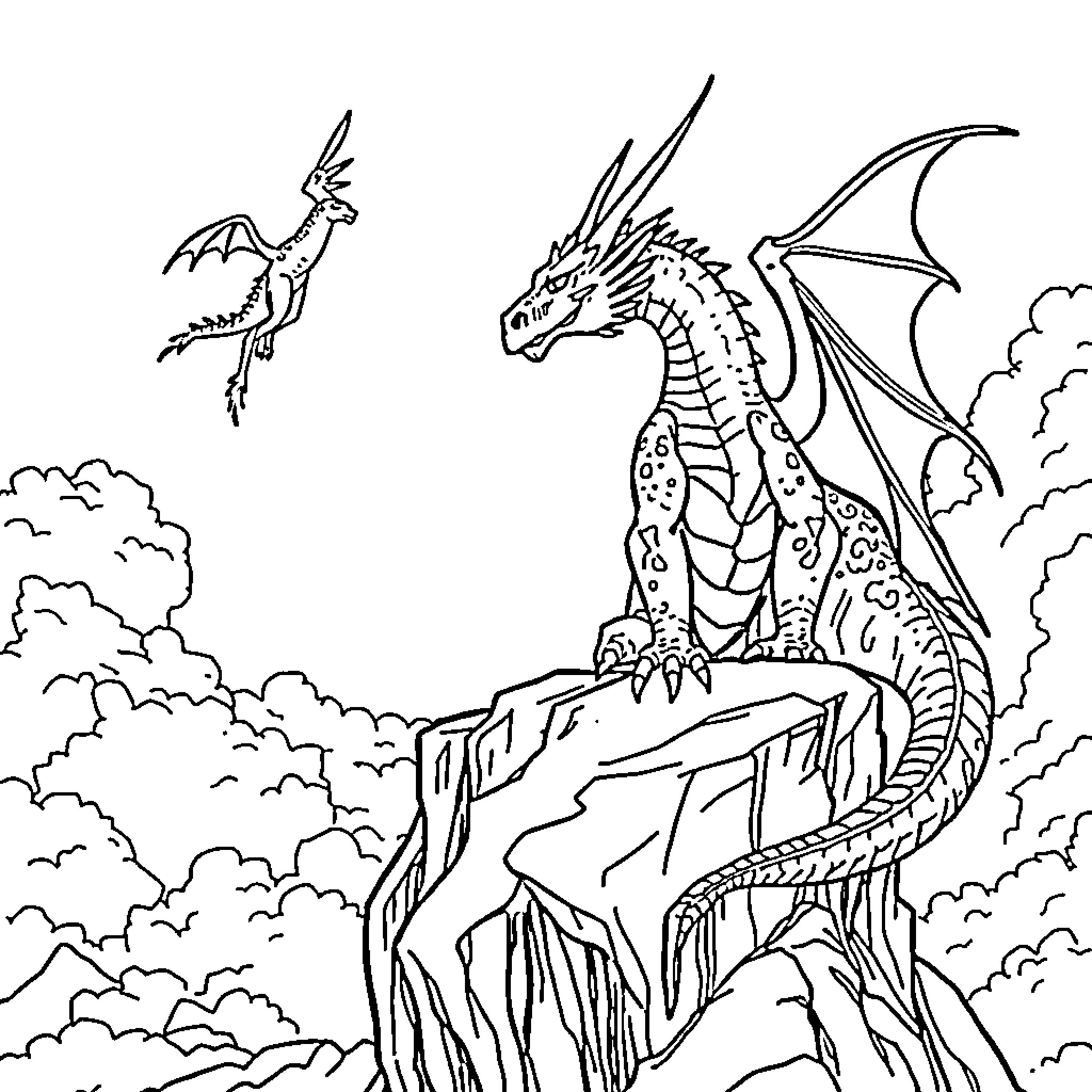 Dragon Soaring Above Cliffside with Another Dragon Coloring Page (free black-and-white line drawing printable PDF for all, from beginners to advanced learners, including children, teens, adults, and seniors)