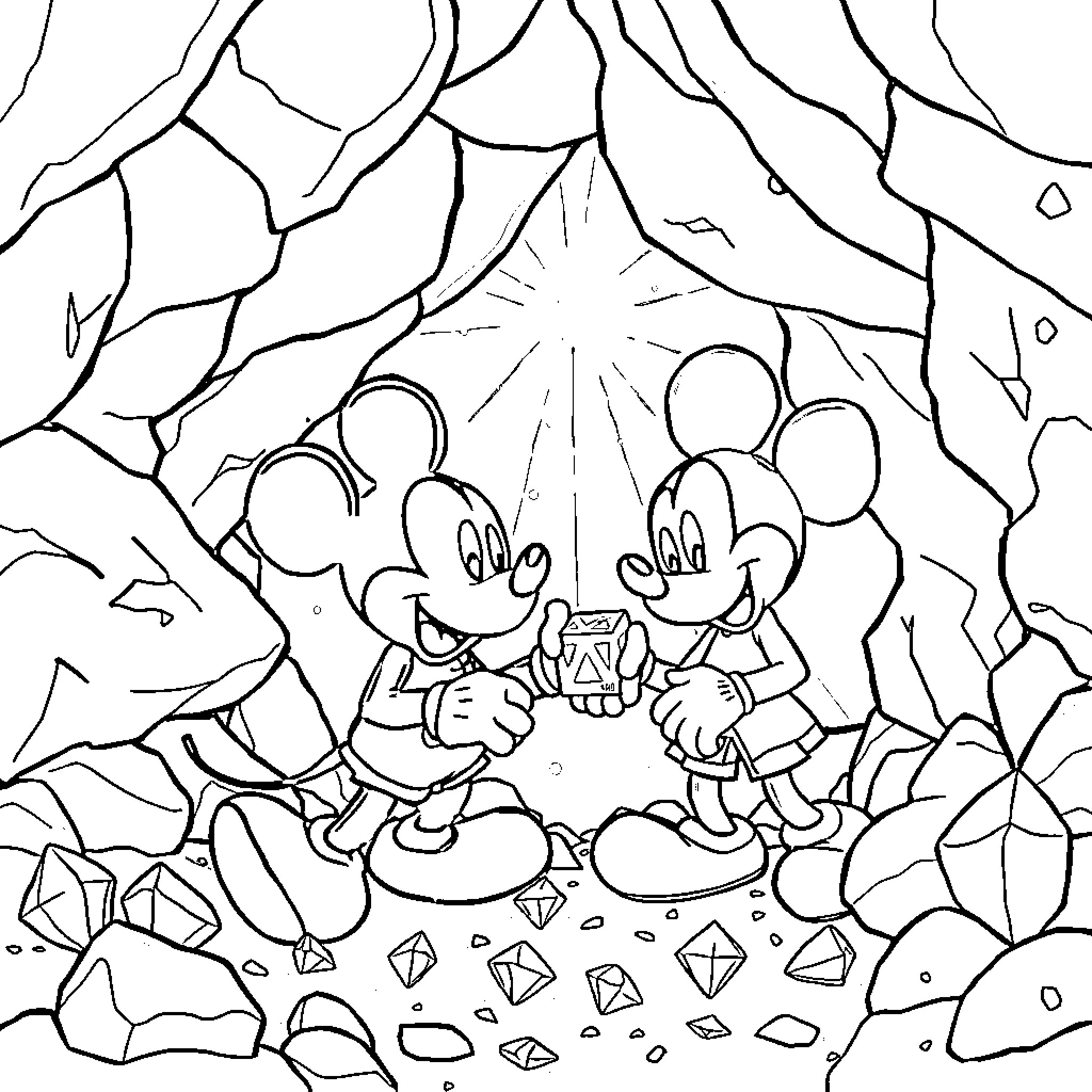 Mickey and Friends Exploring a Crystal Cave Coloring Page (free black-and-white line drawing printable PDF for all, from beginners to advanced learners, including children, teens, adults, and seniors)