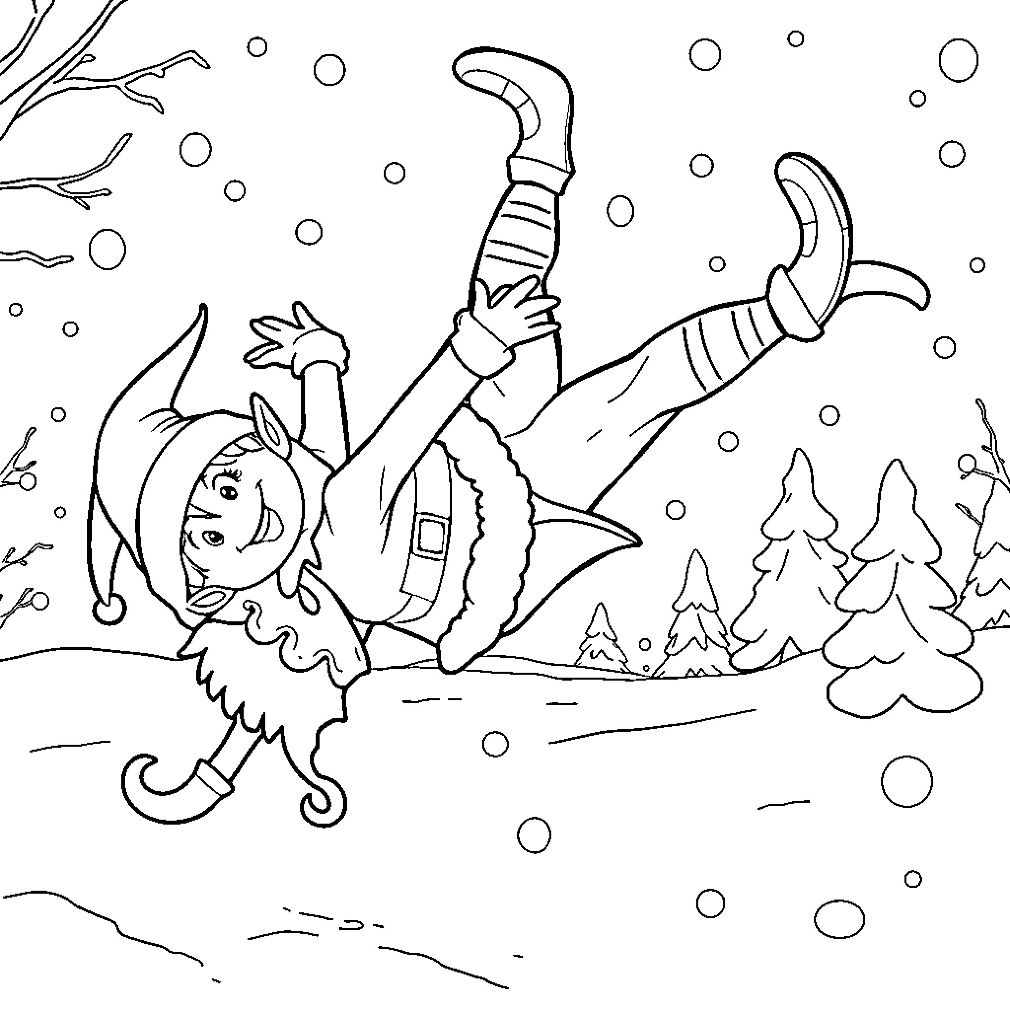 Elf playing joyfully in the snowy landscape Coloring Page (free black-and-white line drawing printable PDF for all, from beginners to advanced learners, including children, teens, adults, and seniors)