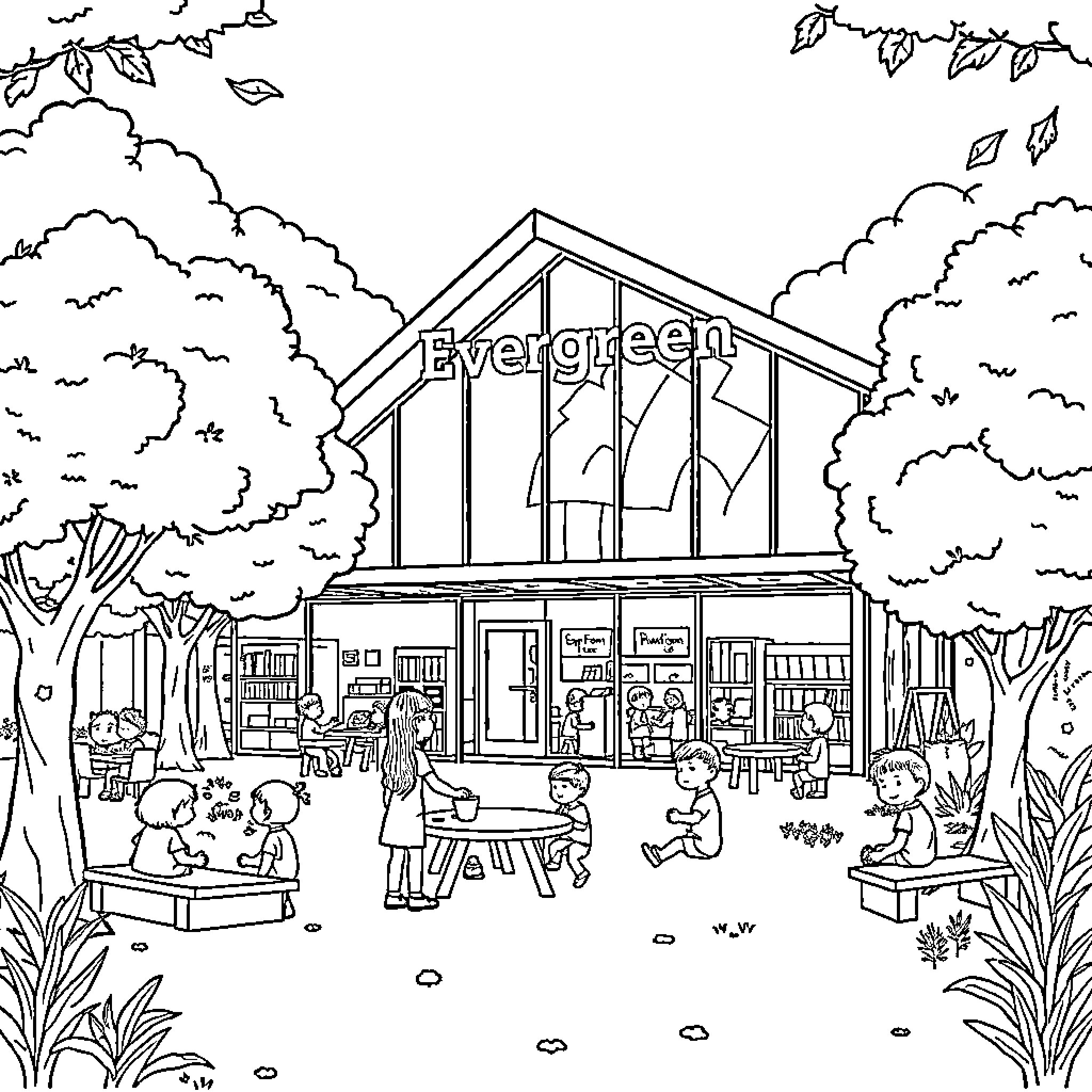 Early Learning Centre with Children Engaged in Outdoor Activities Coloring Page (free black-and-white line drawing printable PDF for all, from beginners to advanced learners, including children, teens, adults, and seniors)