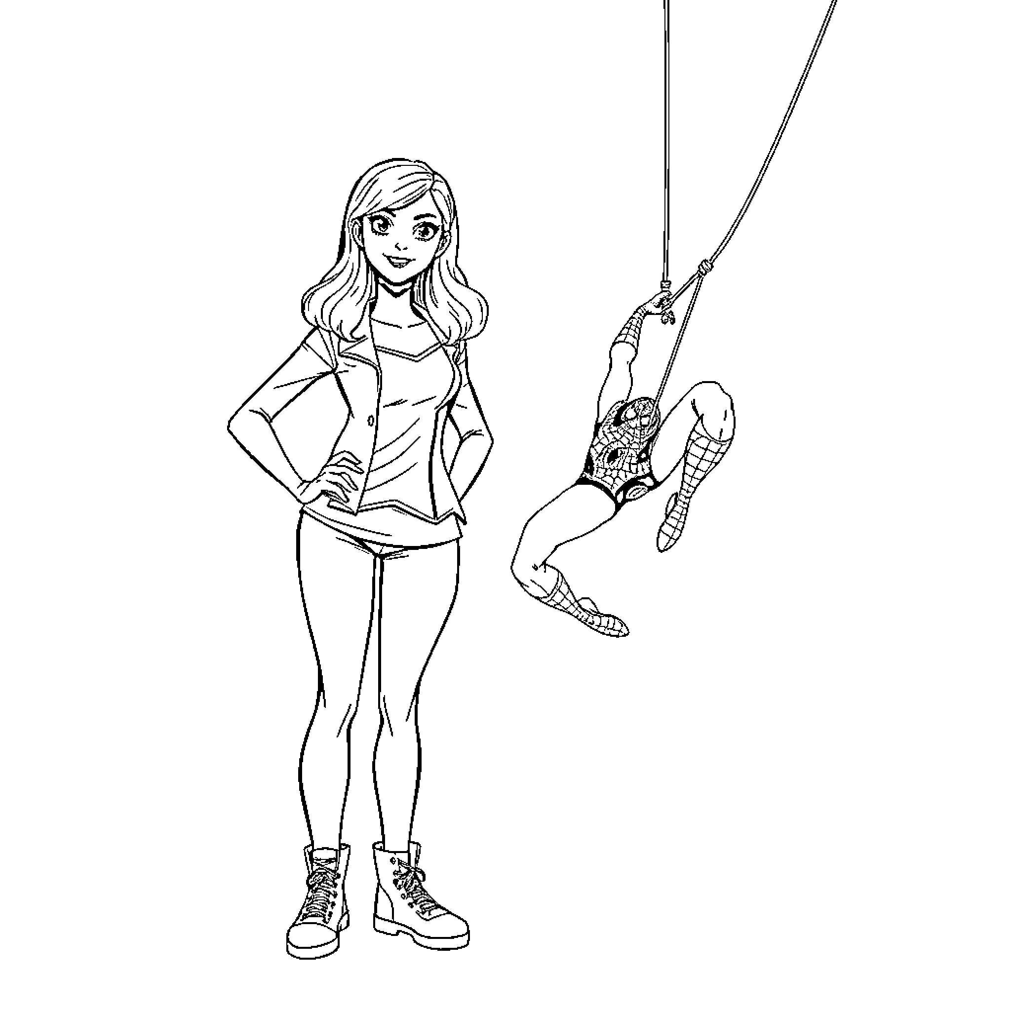 Regina's Heroic Rescue: A Girl and Her Superhero Friend Coloring Page (free black-and-white line drawing printable PDF for all, from beginners to advanced learners, including children, teens, adults, and seniors)