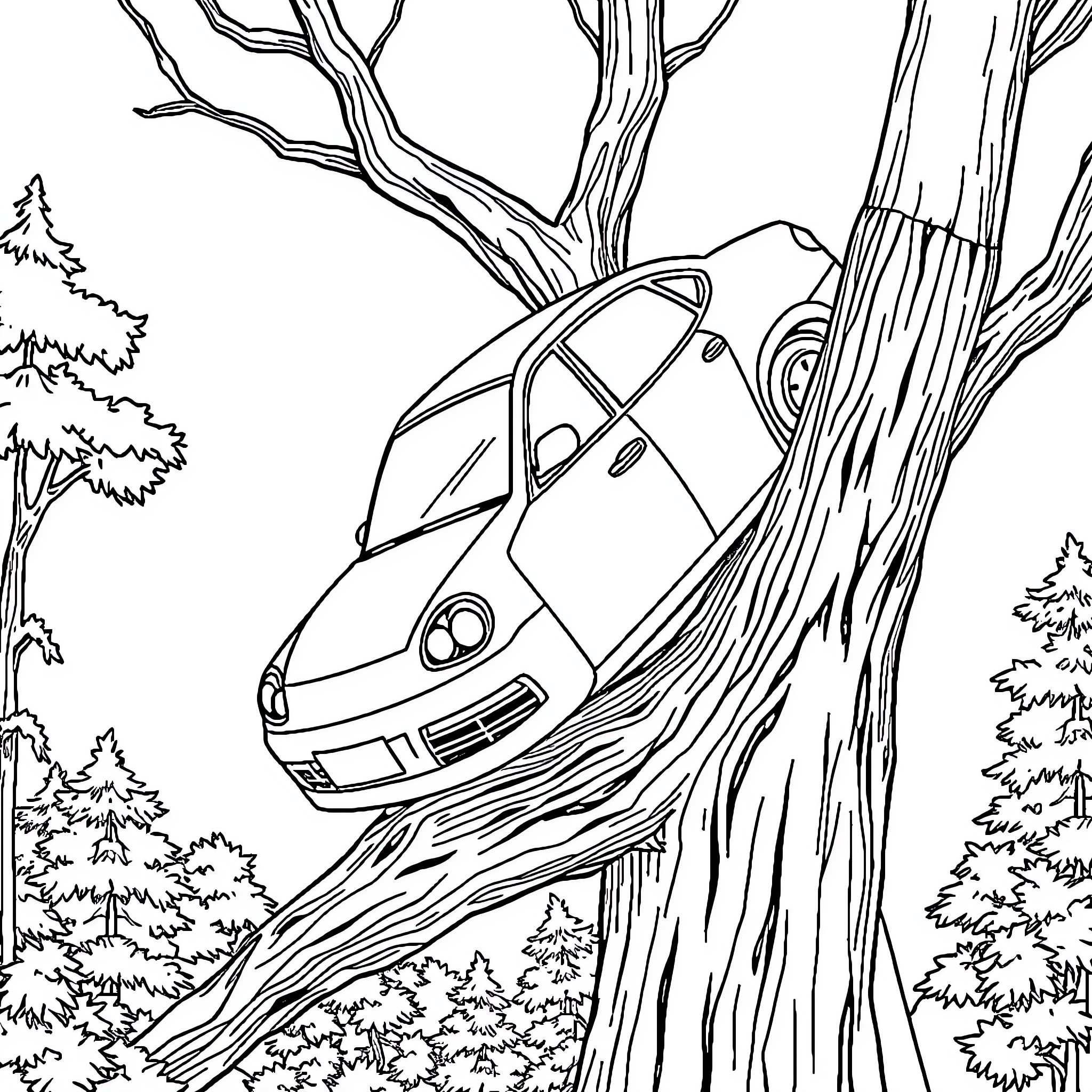 Car stuck in a tree on a forest trail Coloring Page (free black-and-white line drawing printable PDF for all, from beginners to advanced learners, including children, teens, adults, and seniors)