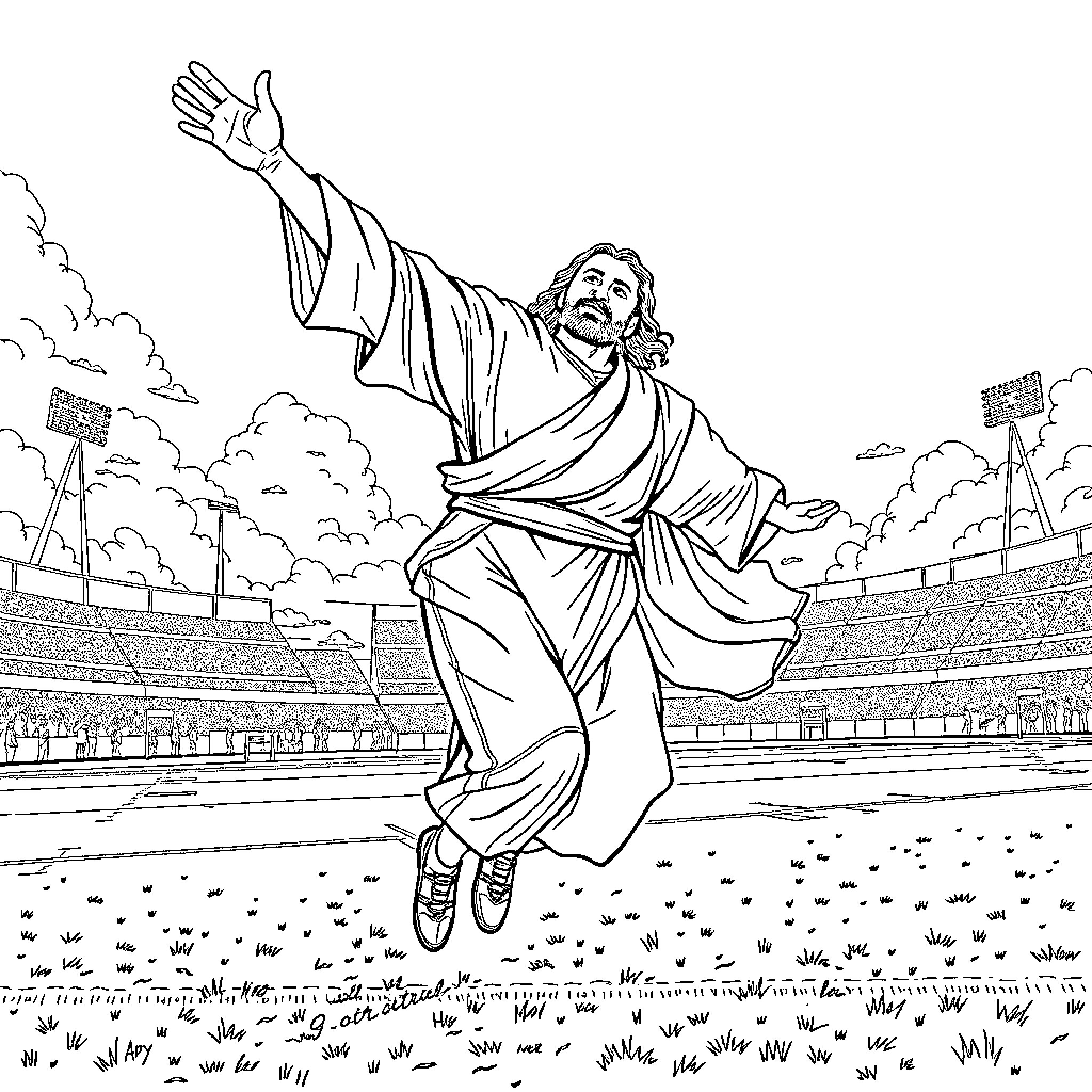 Jesus Triumphantly Entering the Stadium Coloring Page (free black-and-white line drawing printable PDF for all, from beginners to advanced learners, including children, teens, adults, and seniors)