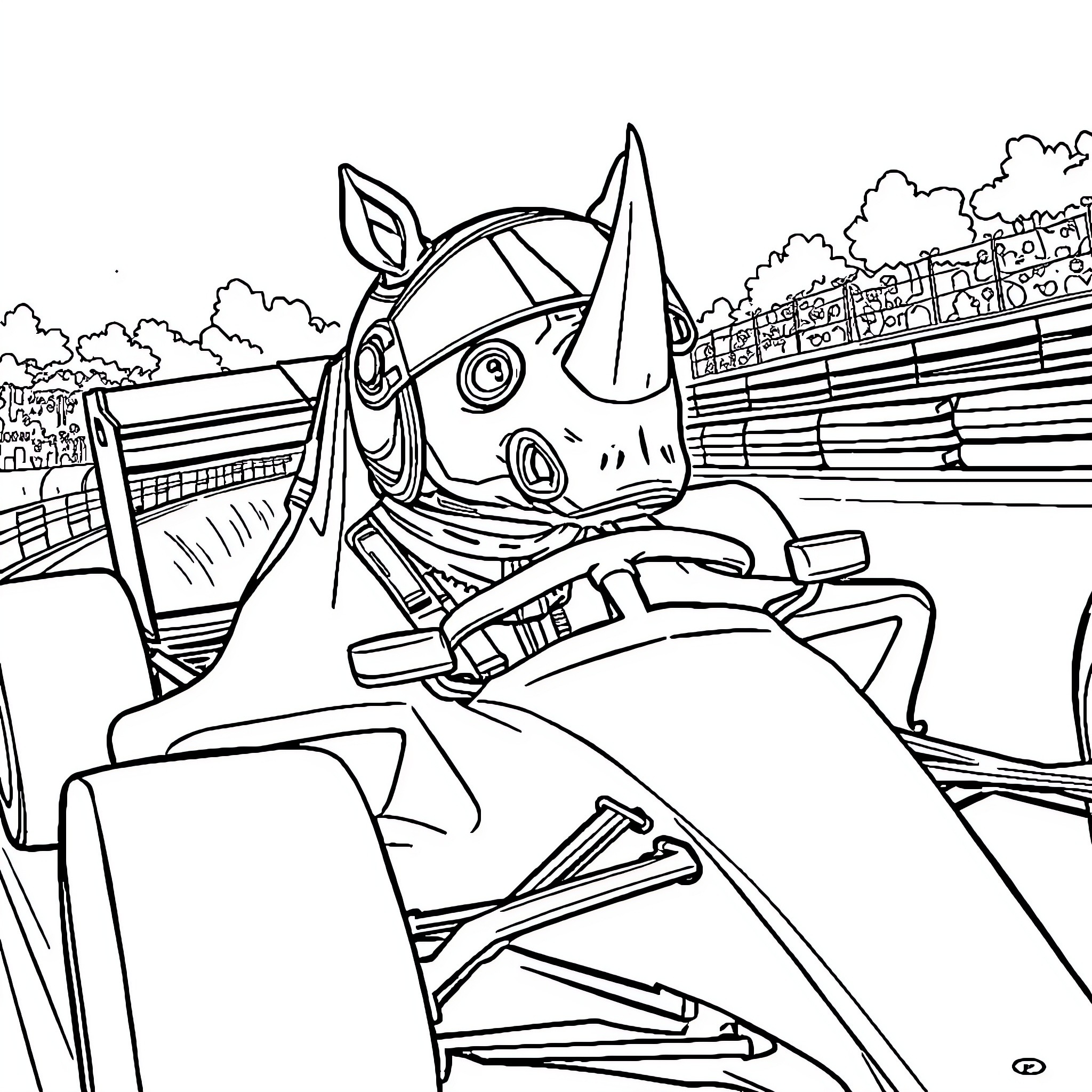 Rhinoceros racing vehicle speeding on the track Coloring Page (free black-and-white line drawing printable PDF for all, from beginners to advanced learners, including children, teens, adults, and seniors)