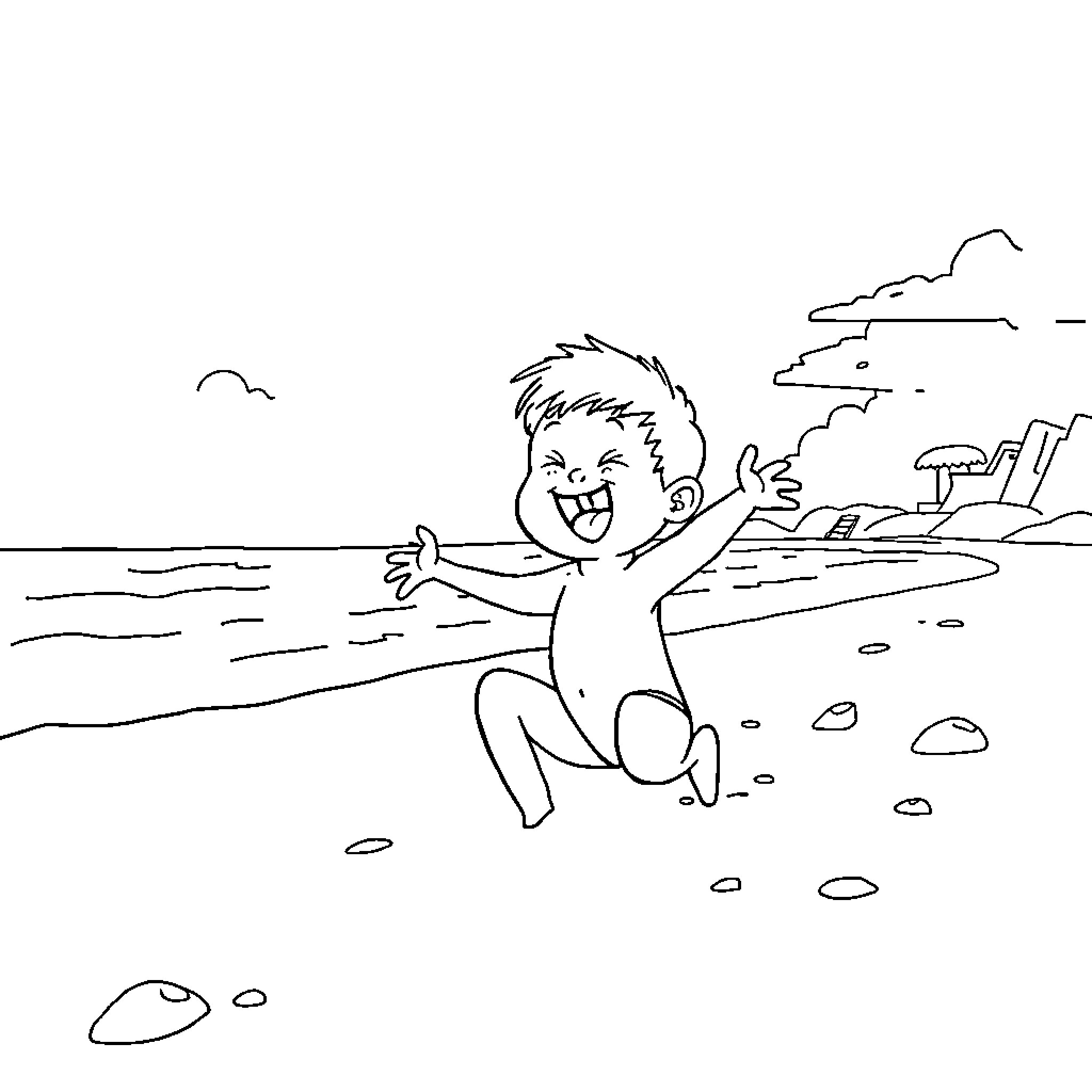 Labubu playing happily on the beach Coloring Page (free black-and-white line drawing printable PDF for all, from beginners to advanced learners, including children, teens, adults, and seniors)