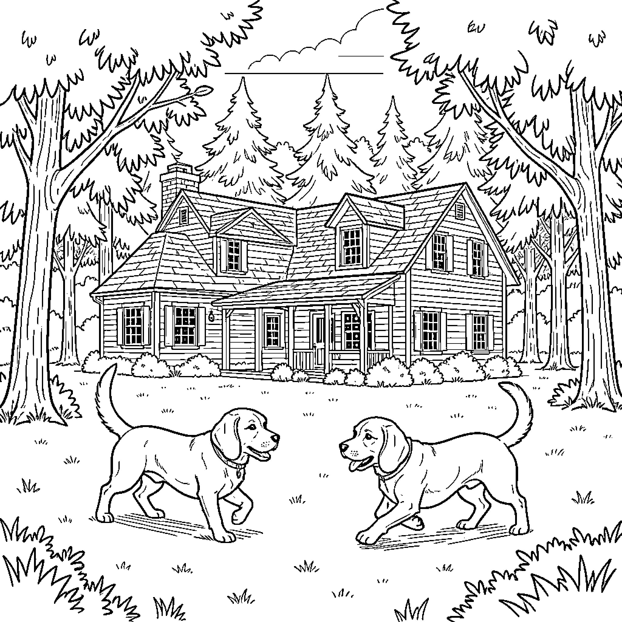 Beagle dogs running playfully in front of a house Coloring Page (free black-and-white line drawing printable PDF for all, from beginners to advanced learners, including children, teens, adults, and seniors)