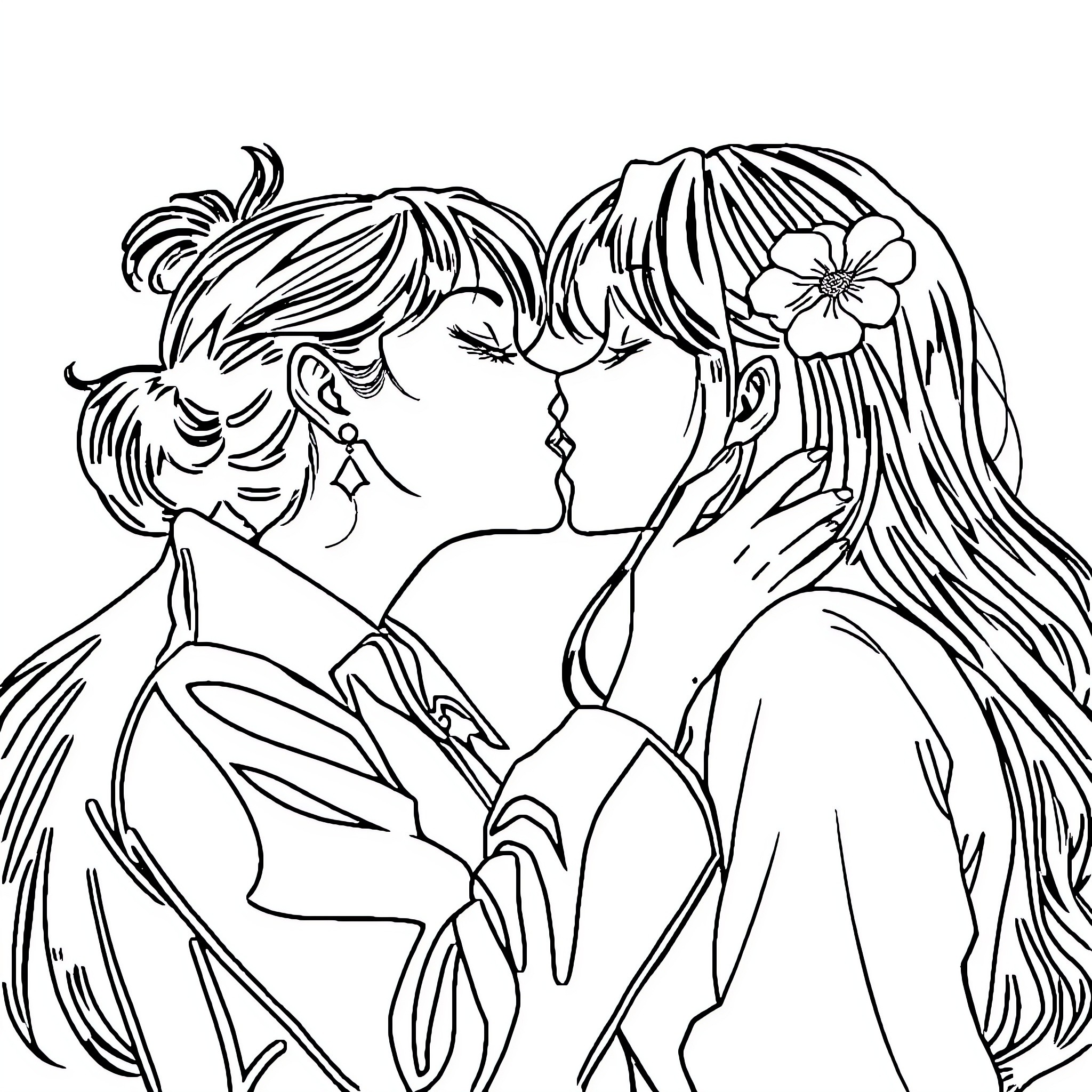 Woman in romantic embrace with another woman Coloring Page (free black-and-white line drawing printable PDF for all, from beginners to advanced learners, including children, teens, adults, and seniors)