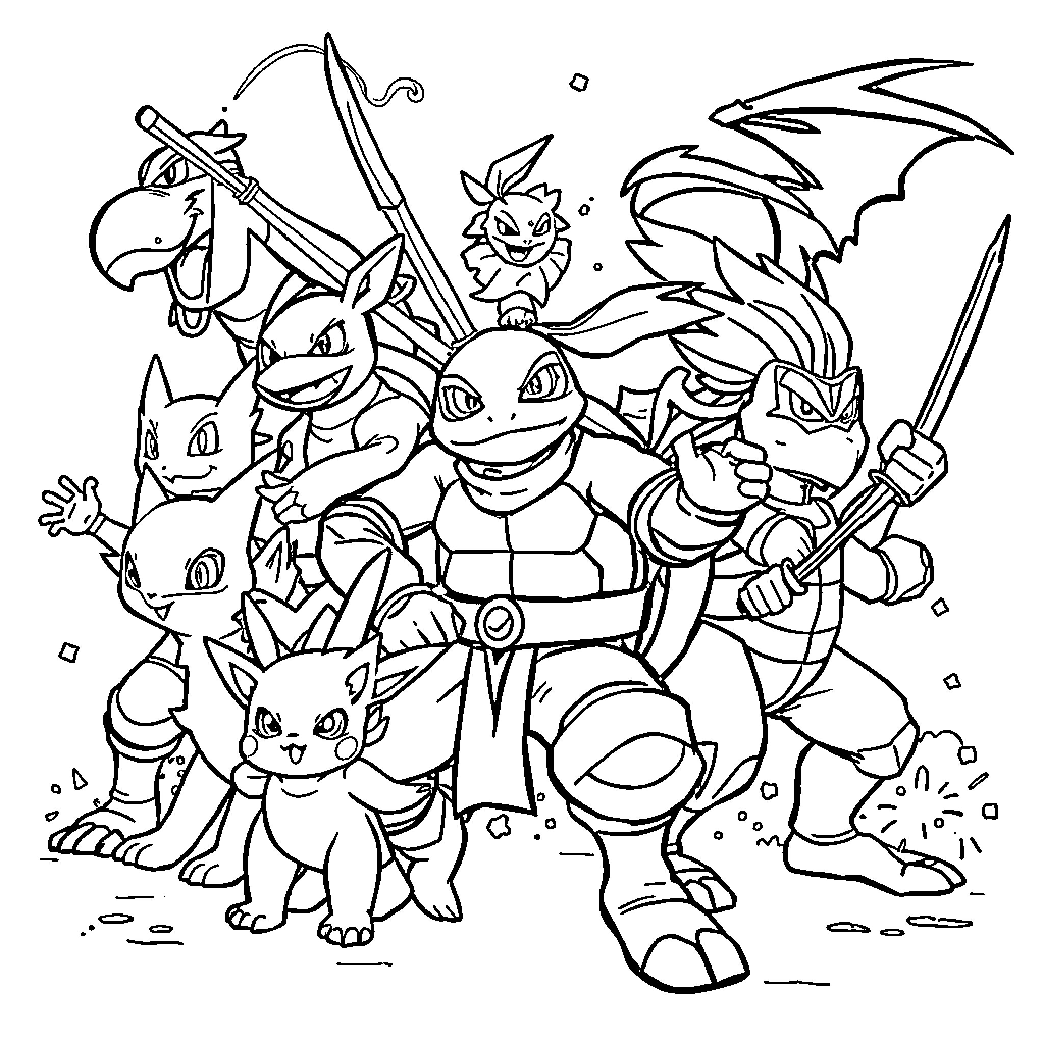 Pokémon characters in an adventurous group pose Coloring Page (free black-and-white line drawing printable PDF for all, from beginners to advanced learners, including children, teens, adults, and seniors)