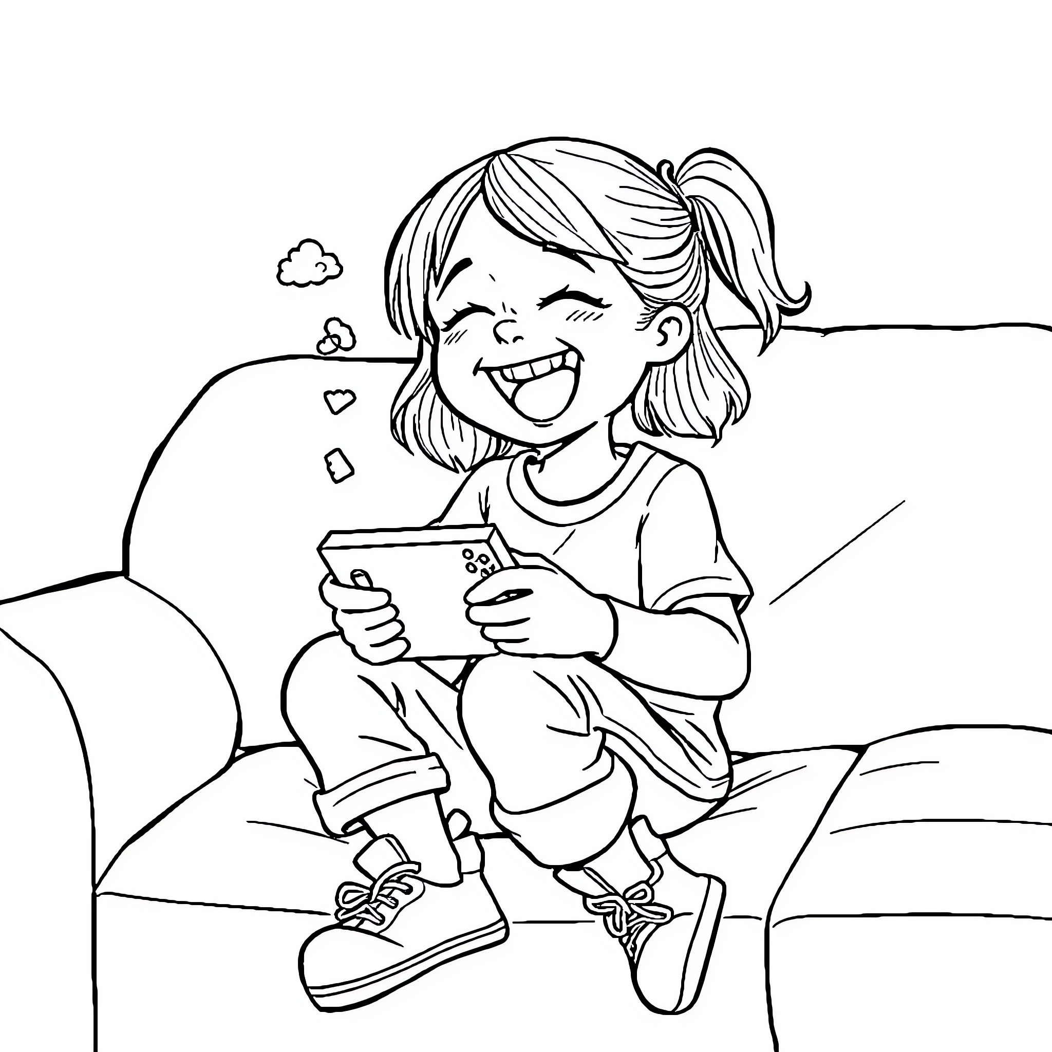 Girl happily playing with mobile device Coloring Page (free black-and-white line drawing printable PDF for all, from beginners to advanced learners, including children, teens, adults, and seniors)