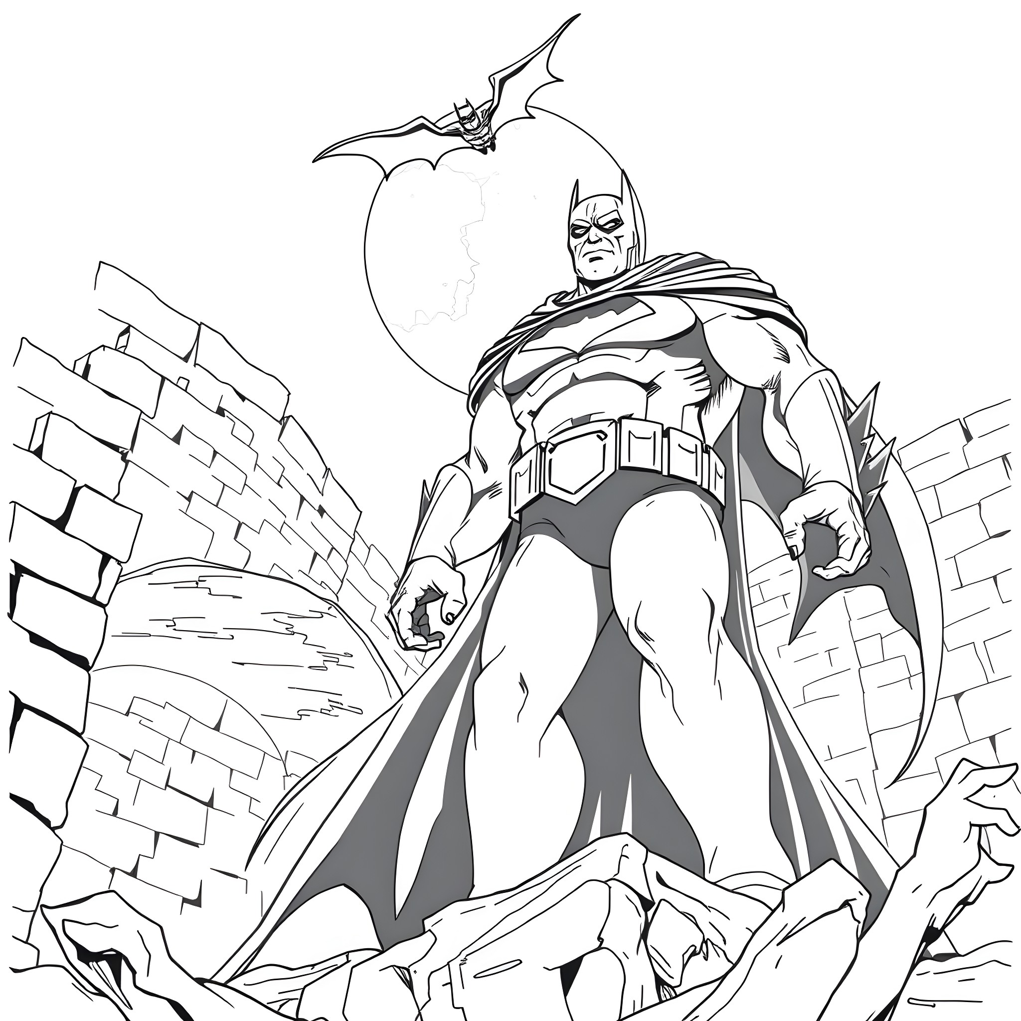 Solomon Grundy standing tall amidst the ruins Coloring Page (free black-and-white line drawing printable PDF for all, from beginners to advanced learners, including children, teens, adults, and seniors)