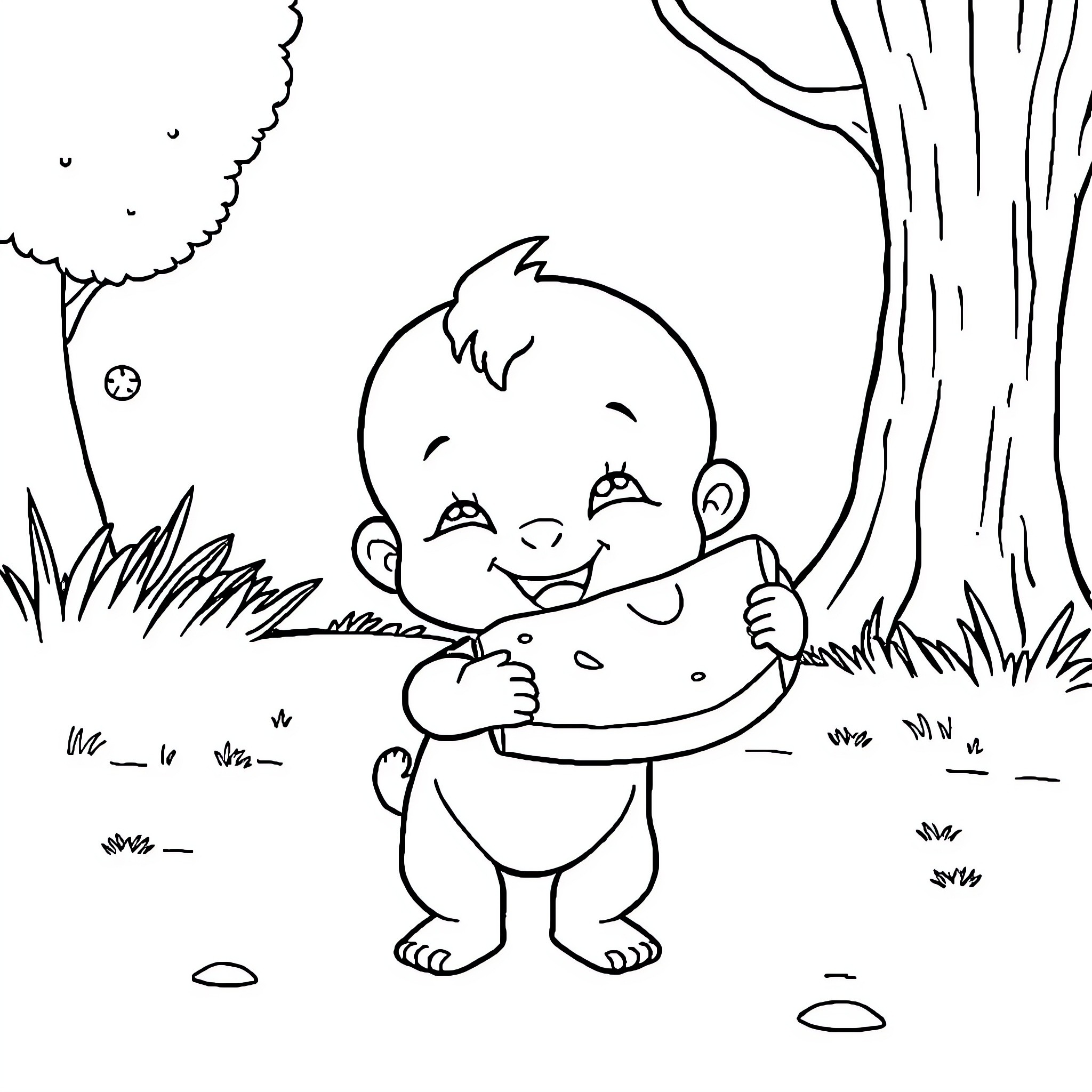 Baby exploring nature happily in the park Coloring Page (free black-and-white line drawing printable PDF for all, from beginners to advanced learners, including children, teens, adults, and seniors)