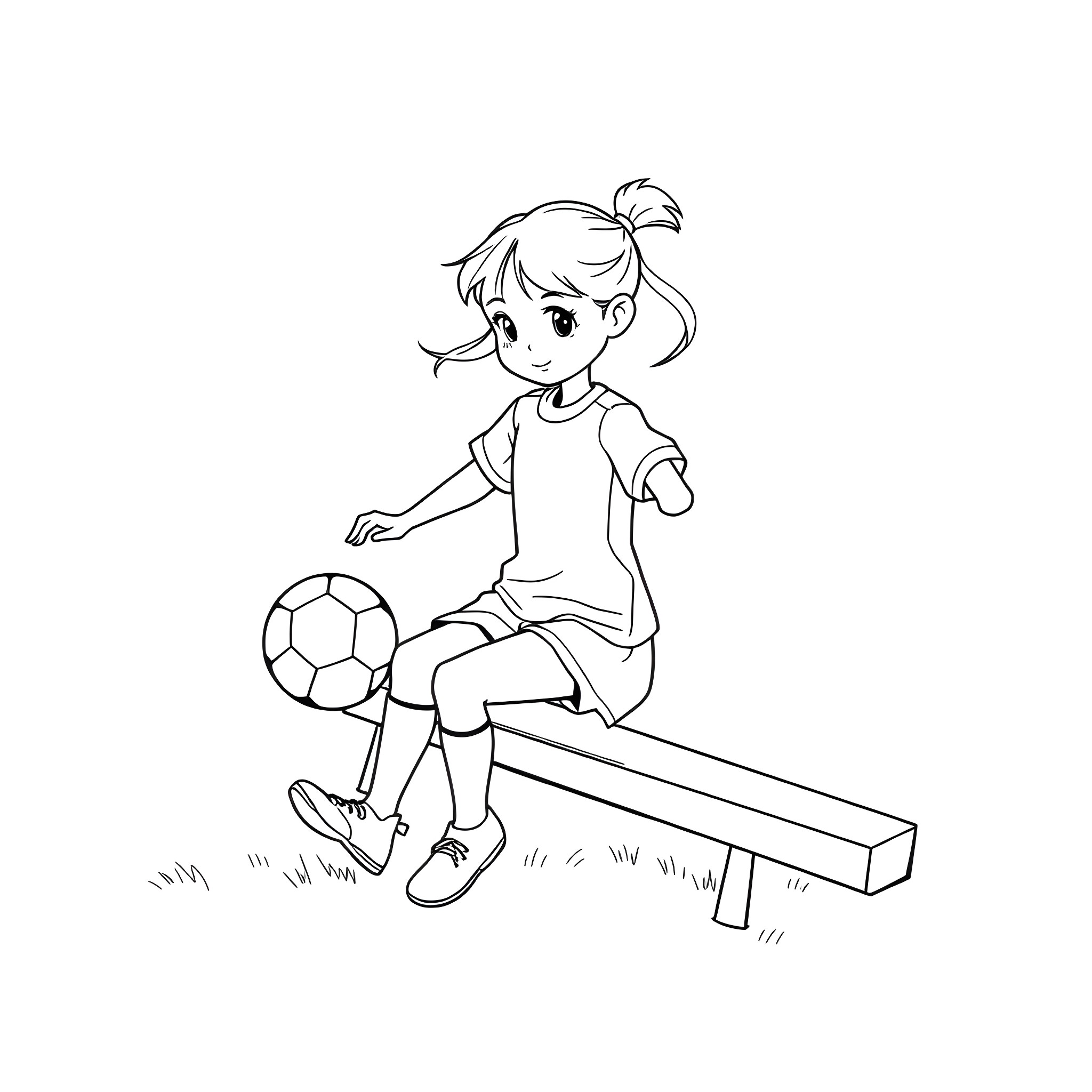 Girl playing soccer on the bench Coloring Page (free black-and-white line drawing printable PDF for all, from beginners to advanced learners, including children, teens, adults, and seniors)