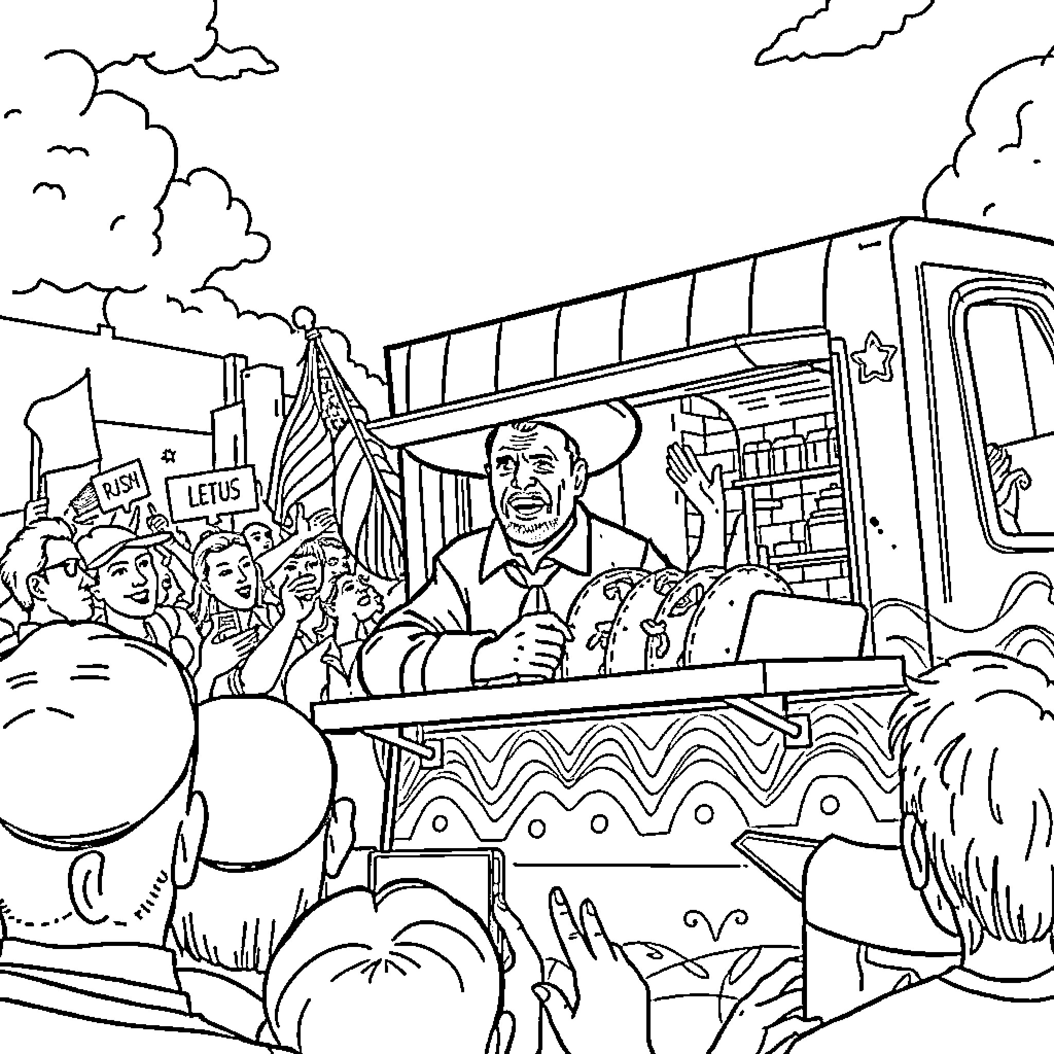 Taco Truck Serving Crowd at Protest Coloring Page (free black-and-white line drawing printable PDF for all, from beginners to advanced learners, including children, teens, adults, and seniors)